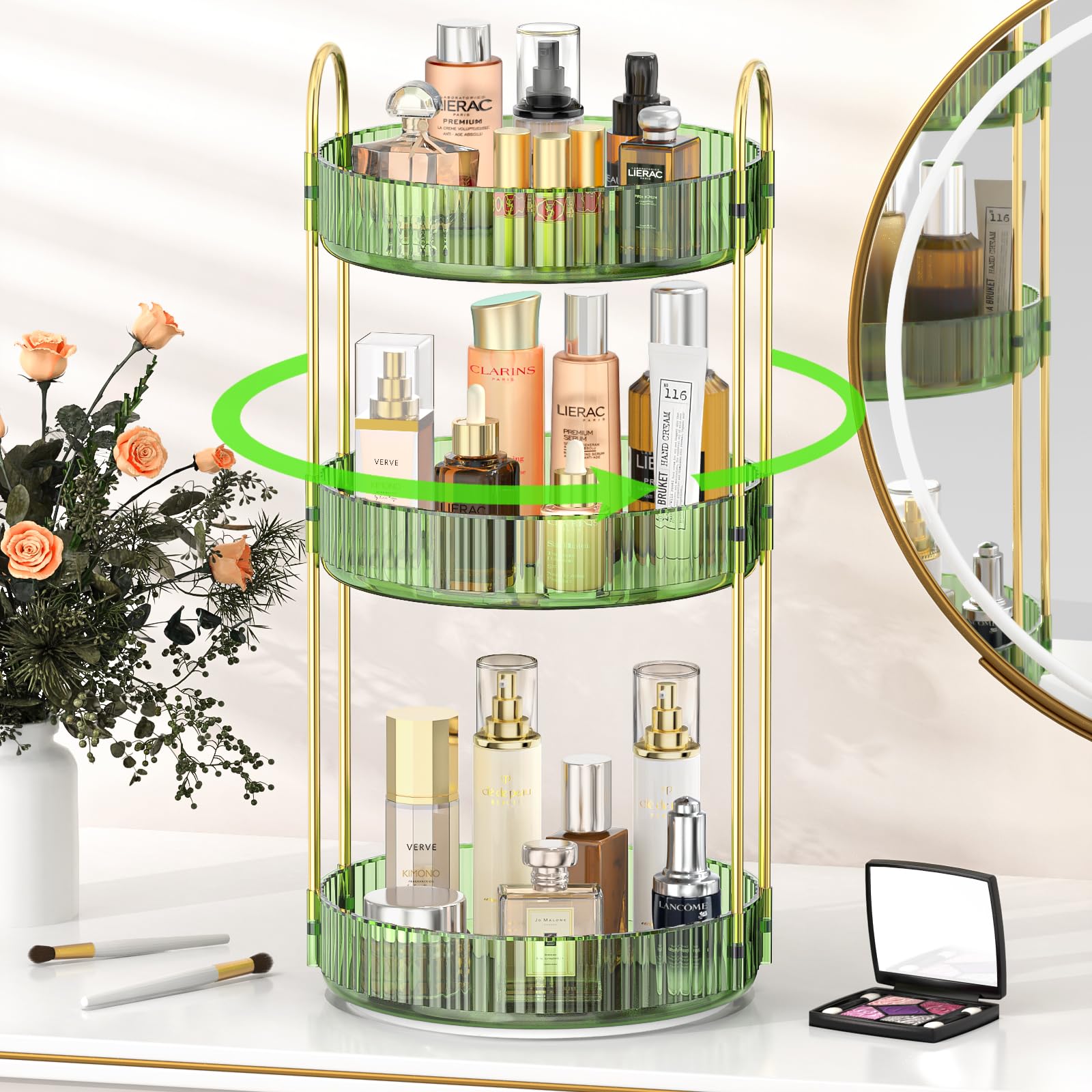 Mokani 360 Rotating Makeup Organizer for Vanity, 3 Tier Adjustable Perfume Organizer for Dresser, Multi-Function Spinning Cosmet