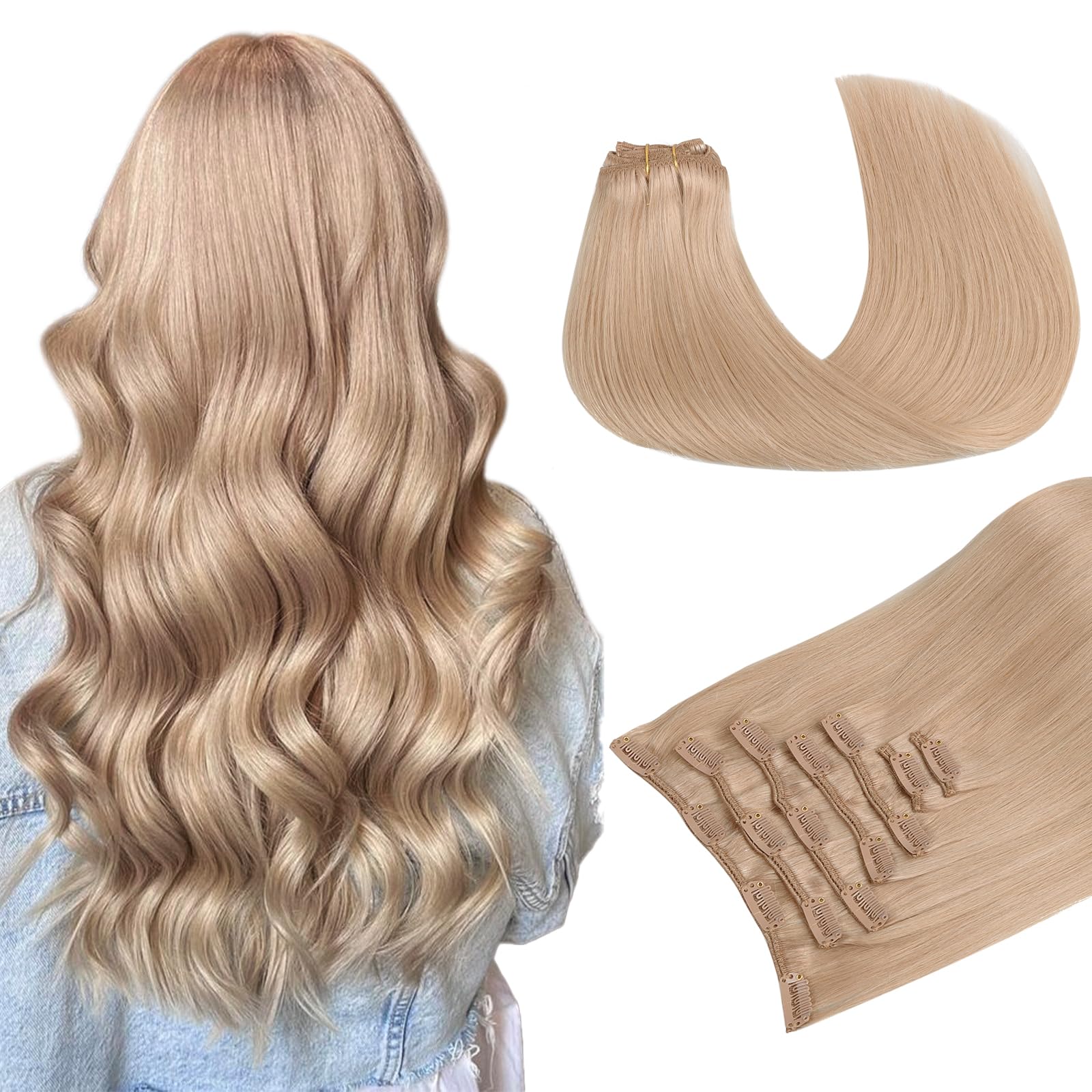 MAXITA Hair Extensions Clip in Human Hair, 7PCS 120g Pinky Dirty Blonde 14 Inch,Clip in Hair Extensions Real Human Hair Extensio