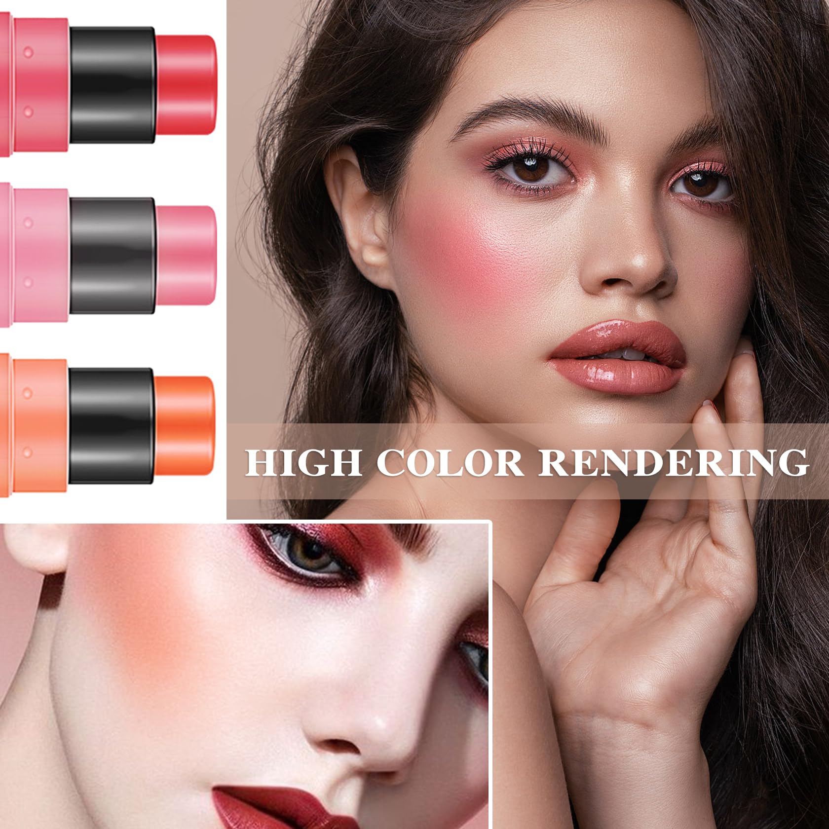 3 Pcs Cream Blush Stick With Brush,Waterproof Multi Cream Blush Stick Makeup,Lightweight,2 In 1 Multi Stick Blush For Cheeks & L