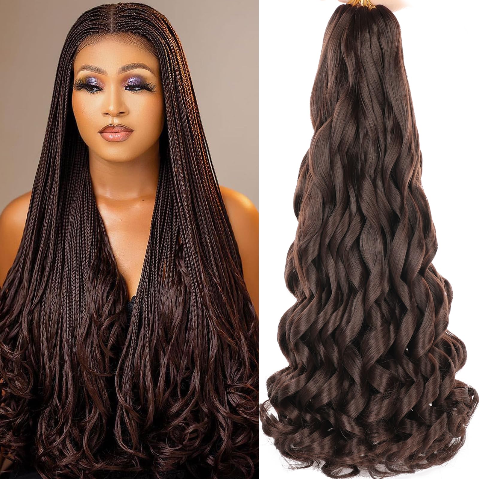 COOKOO 9 Packs French Curl Braiding Hair Dark Brown 22 Inch Loose Wave Bouncy Braiding Hair with Curly Ends Pre Stretched Yaki C