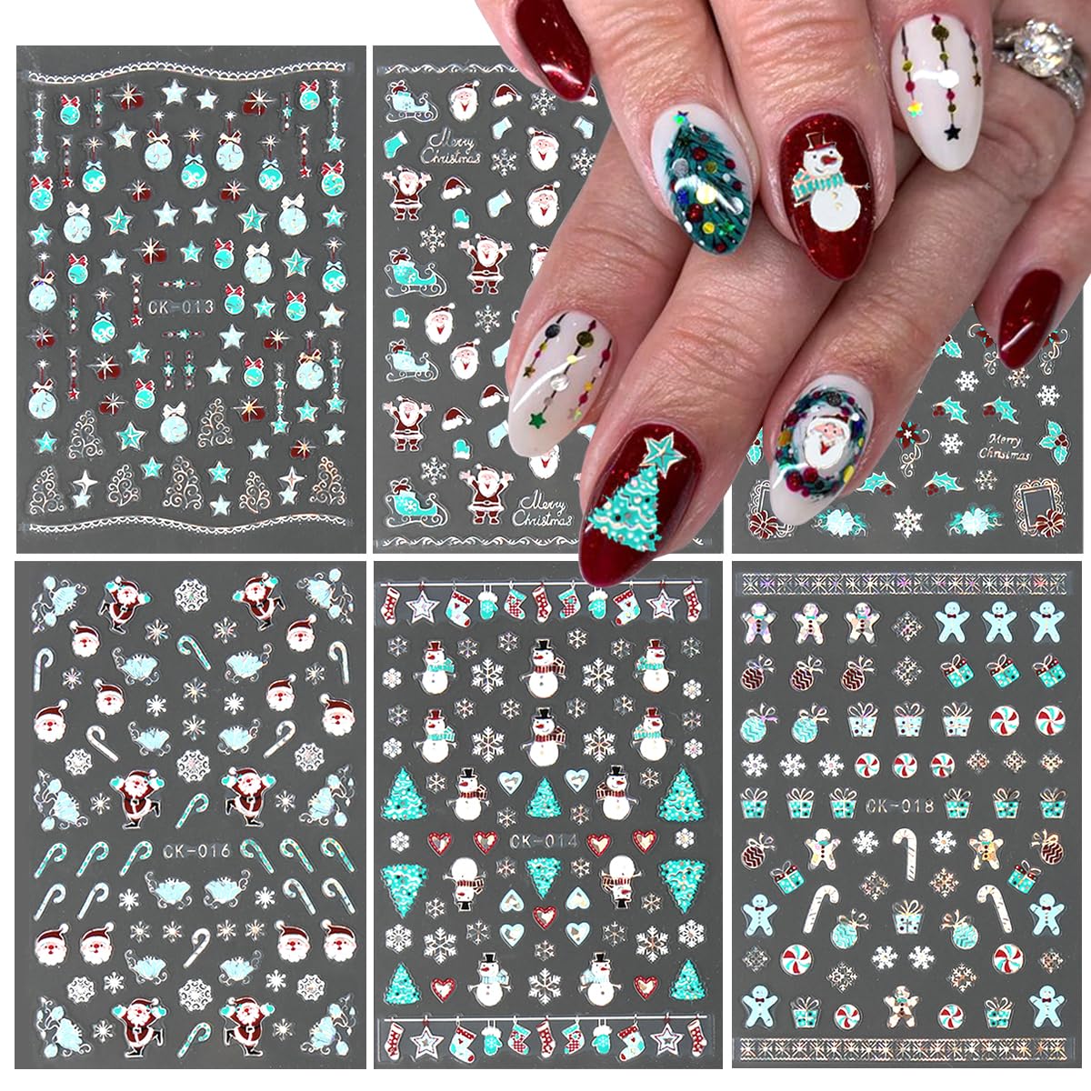 6 Sheets Christmas Nail Art Stickers Luxury Laser Christmas Nail Decals 3D Self-Adhesive Nail Supplies Xmas Tree Snowman Santa S