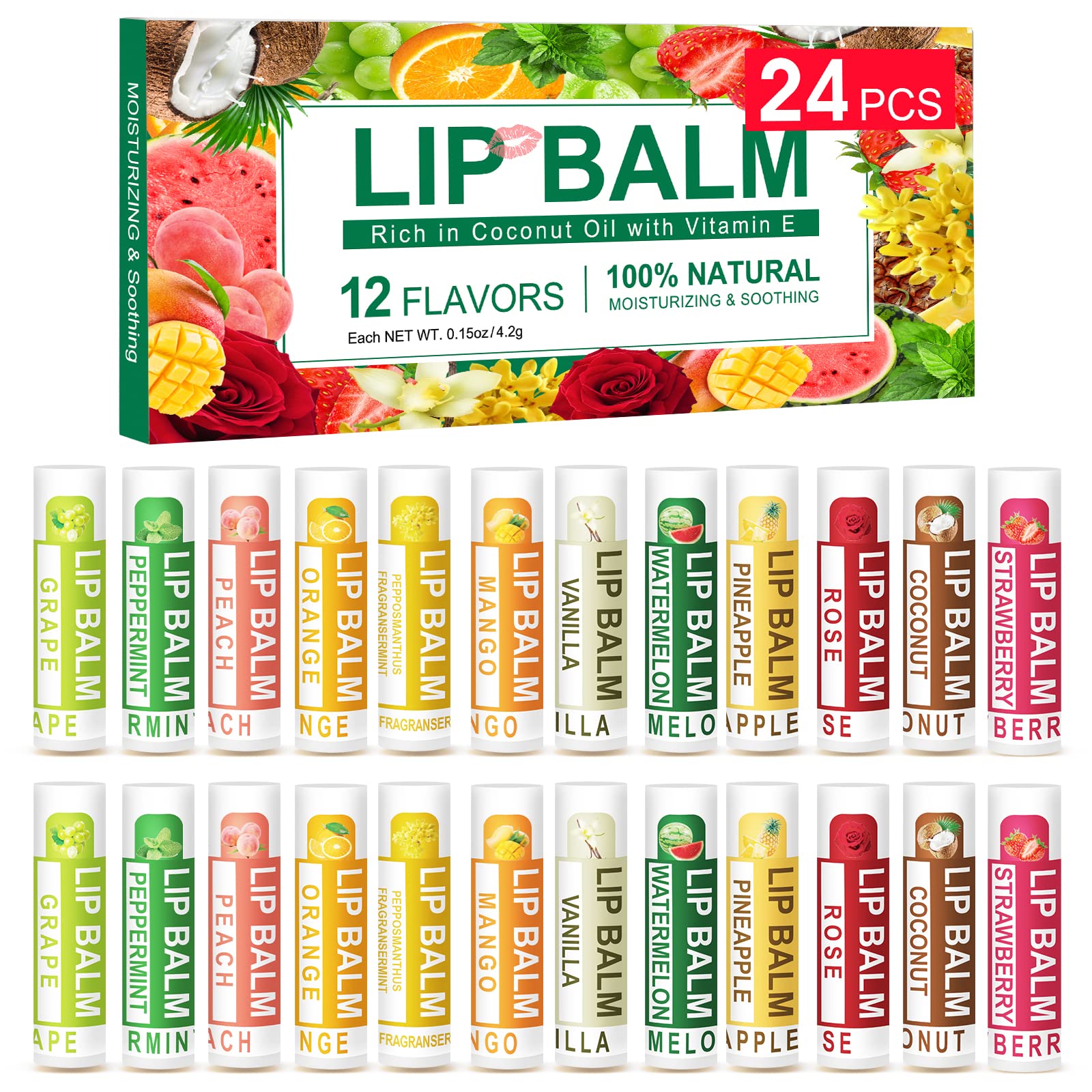 DMSKY 24 Pack Lip Balm, Natural Lip Balm Bulk with Vitamin E and Coconut Oil, Lip Care Product, Moisturizing Soothing Chapped Li