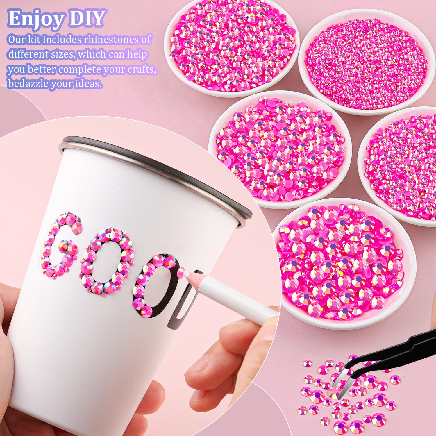 16000Pcs Resin Jelly Rhinestones With Tweezers For Crafting, Hot Pink Ab 2-6Mm Mixed Sizes Flatback Gems, Bedazzling Crystal For