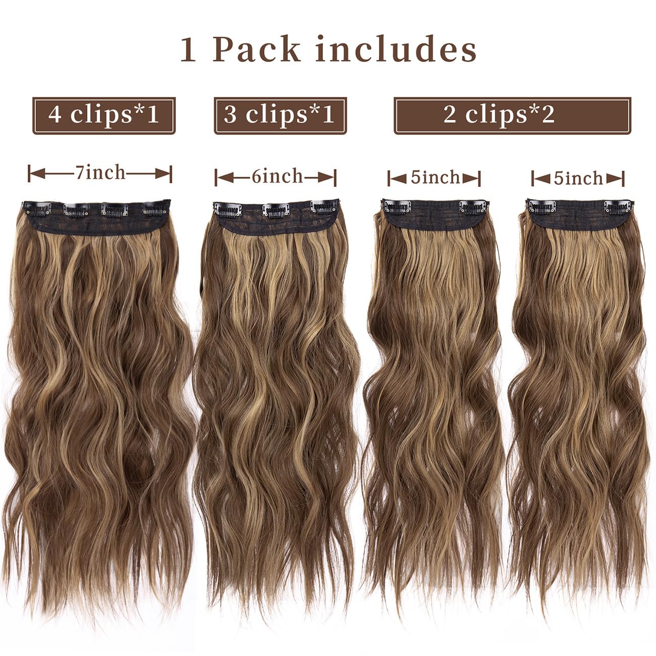 4Pcs Clip In Hair Extensions, 20 Inches Synthetic Light Brown Hair Extensions, Long Curly Hair Extensions Clip Ins (Color:Chocol