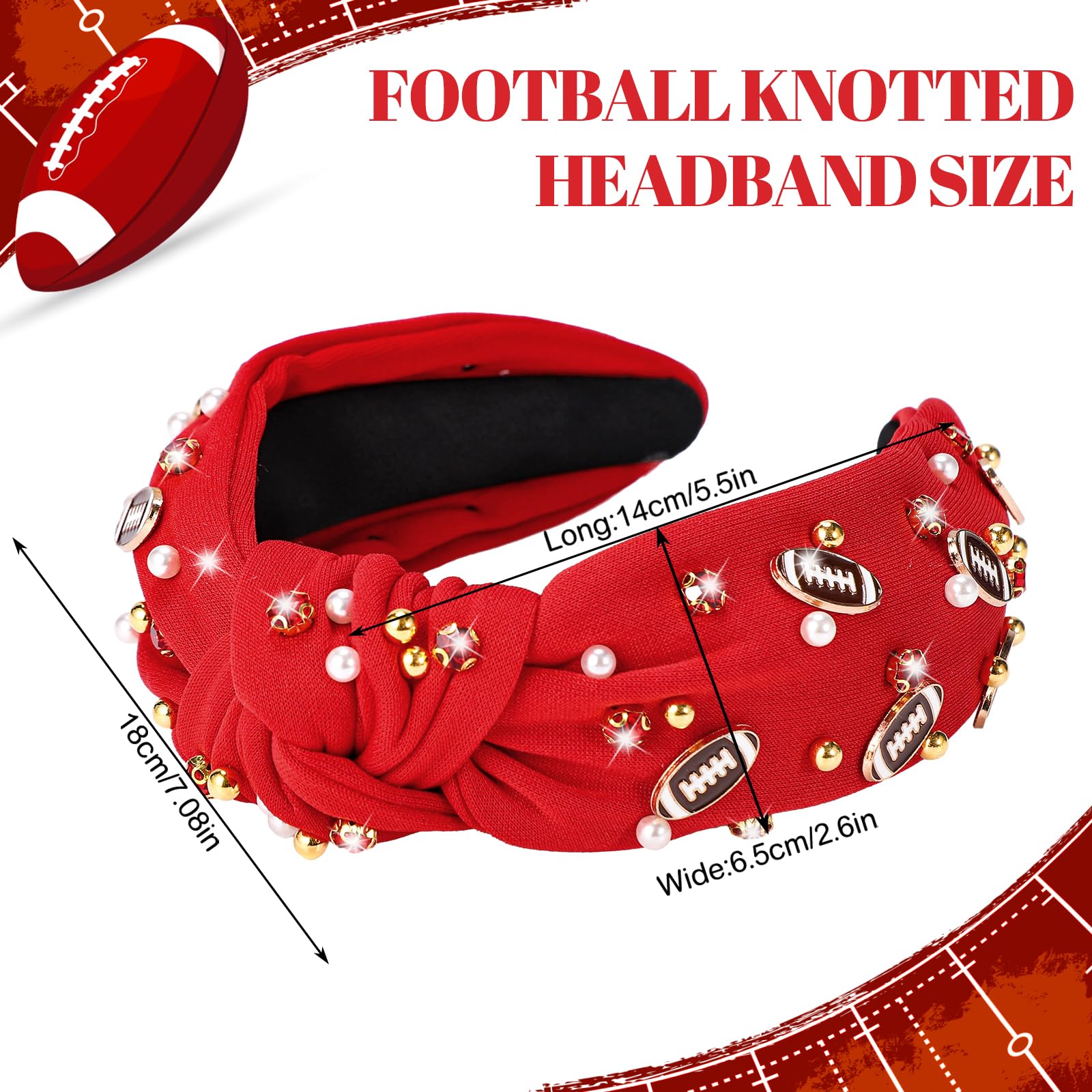 obeoby Football Headband for Women, Knotted Headbands Wide Pearl Rhinestone Hairband Red Hair Accessories for Footballs Mom Fans