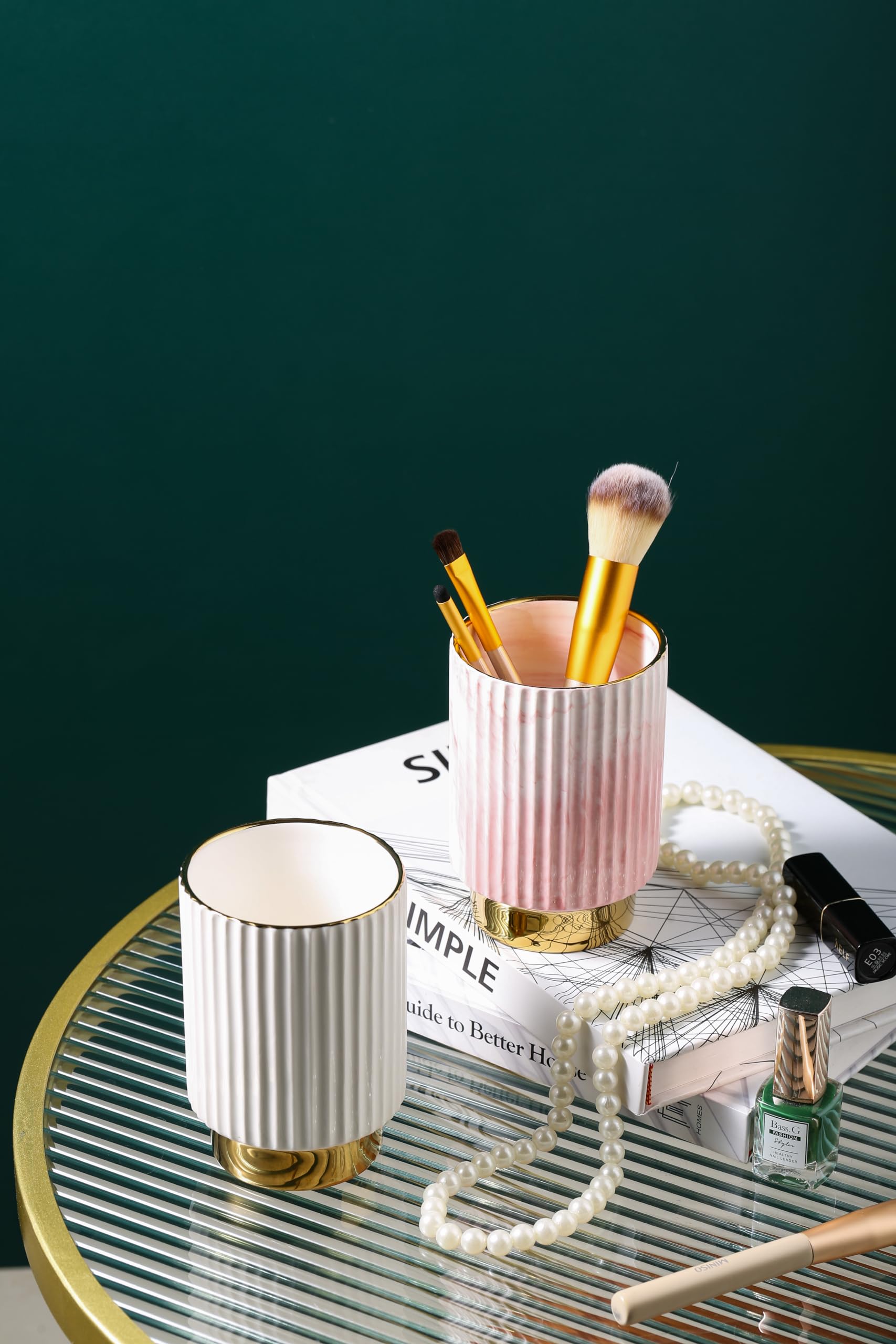 Ieek Pink And Gold Makeup Brush Holder Organizer,Glass Cosmetics Brushes Cup Eyebrow Pencil Pen Container,European Style Striped