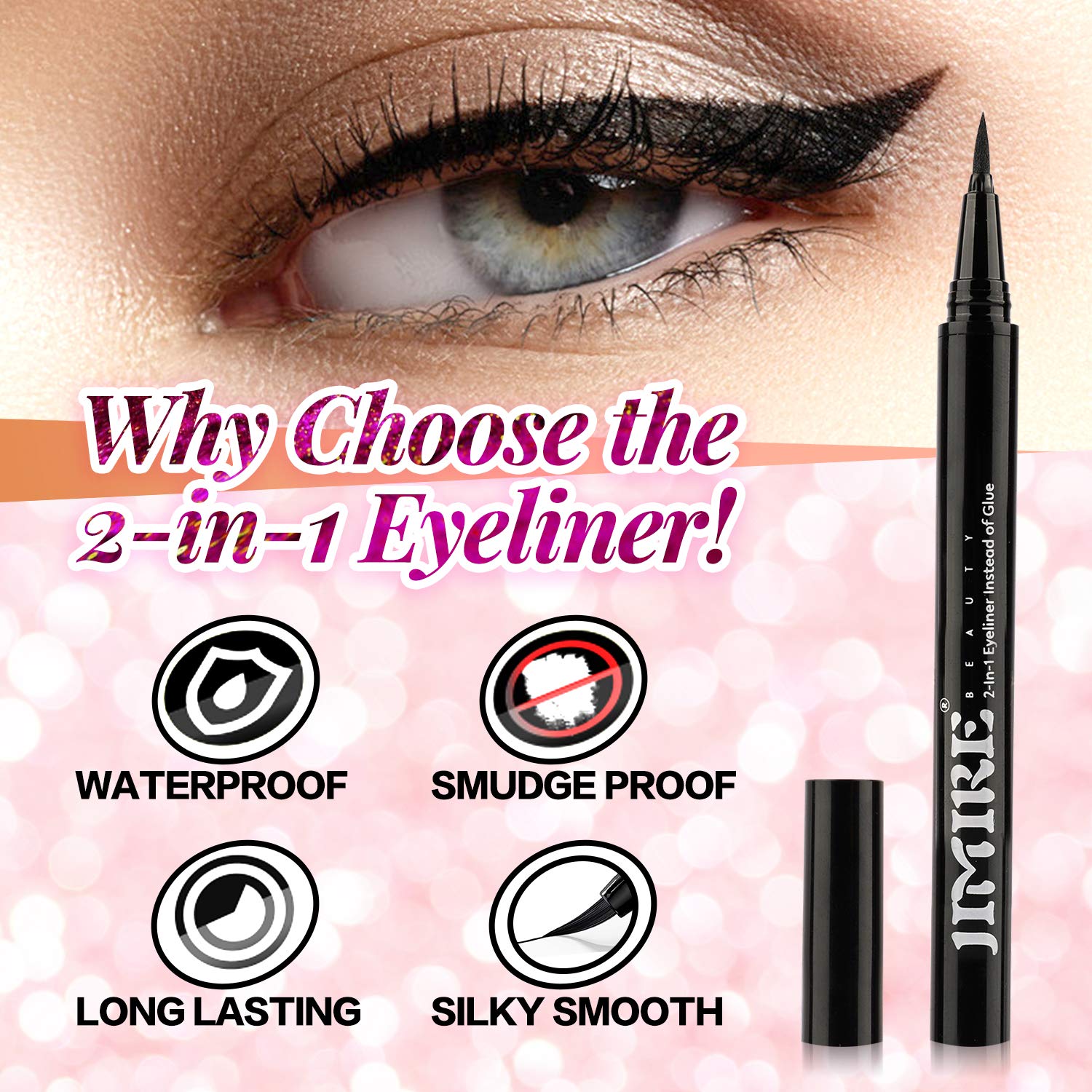 Jimire 2-In-1 Eyeliner Instead Of Glue, Magic Eyeliner | Extra Strong Hold For False Eyelashes | No Magnet & No Glue Needed | On