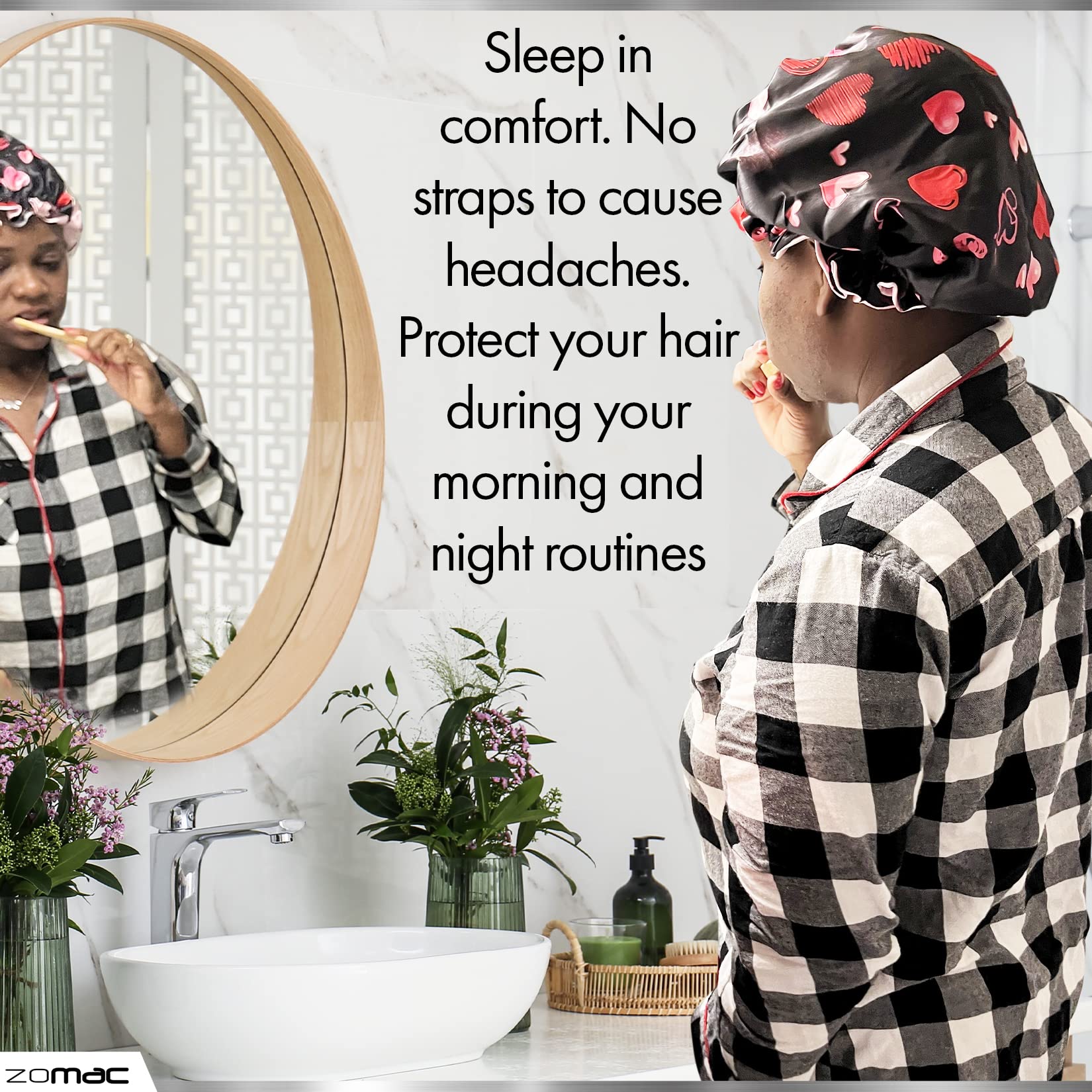 Zomac Satin Bonnet For Sleeping, Bonnet For Curly Hair, Sleeping Bonnets For Women (Hearts)