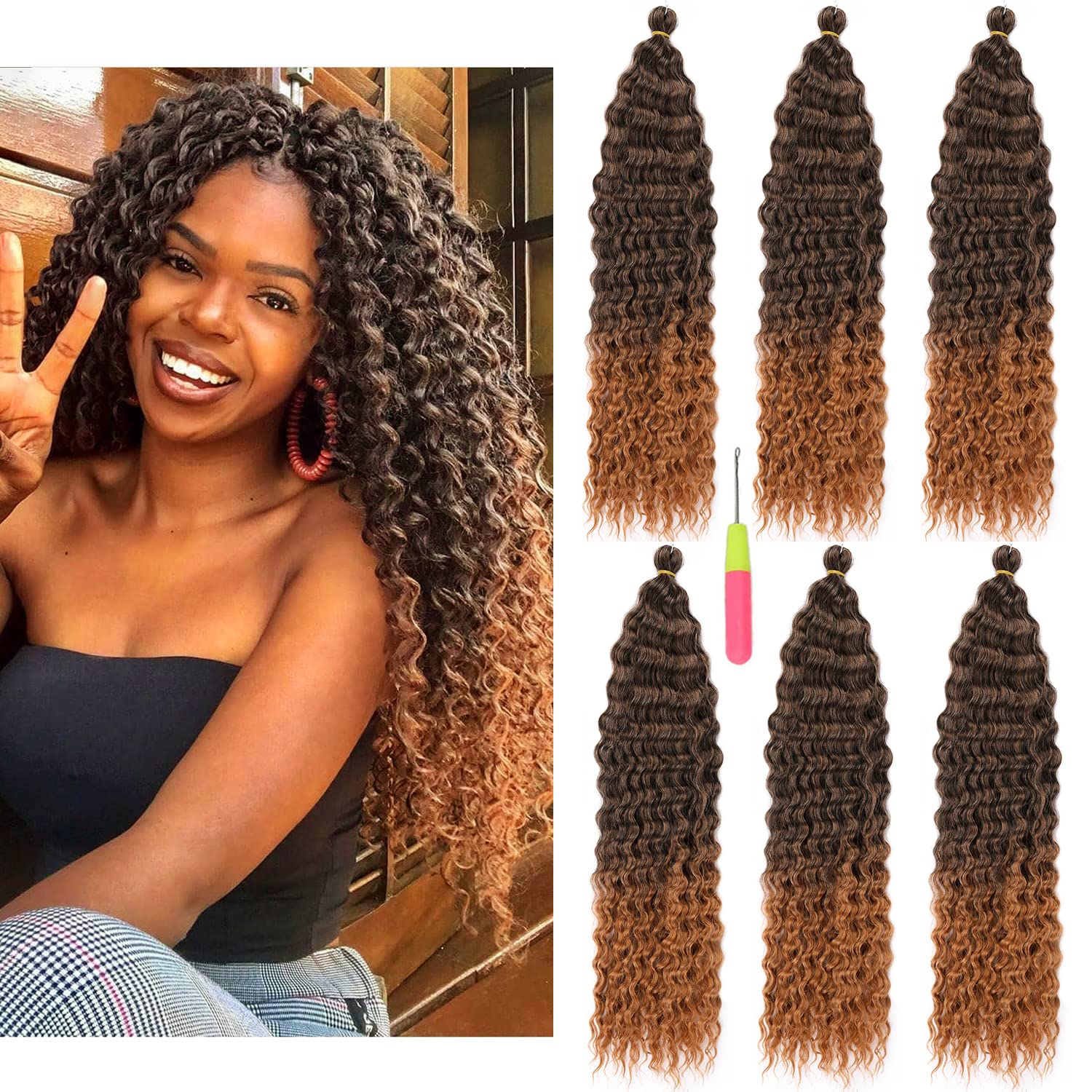 22in Ocean Wave Crochet hair 6Packs Brown Curly Braiding Crochet Hair Soft Synthetic Deep Wave Crochet Hair Extensions for Women