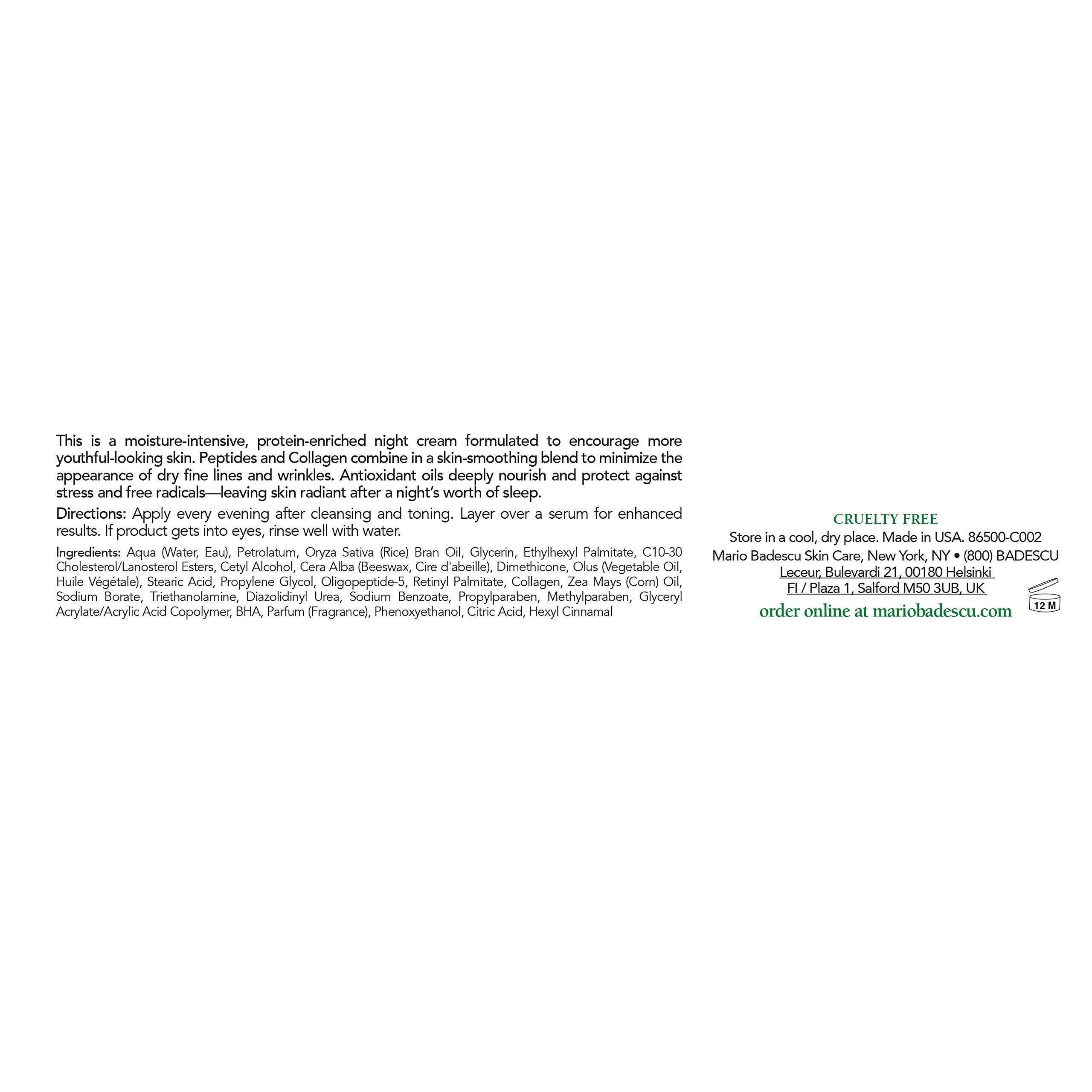 Mario Badescu Protein Night Cream For Dry And Sensitive Skin  Anti-Aging Night Cream Formulated With Peptides & Collagen 1 Oz