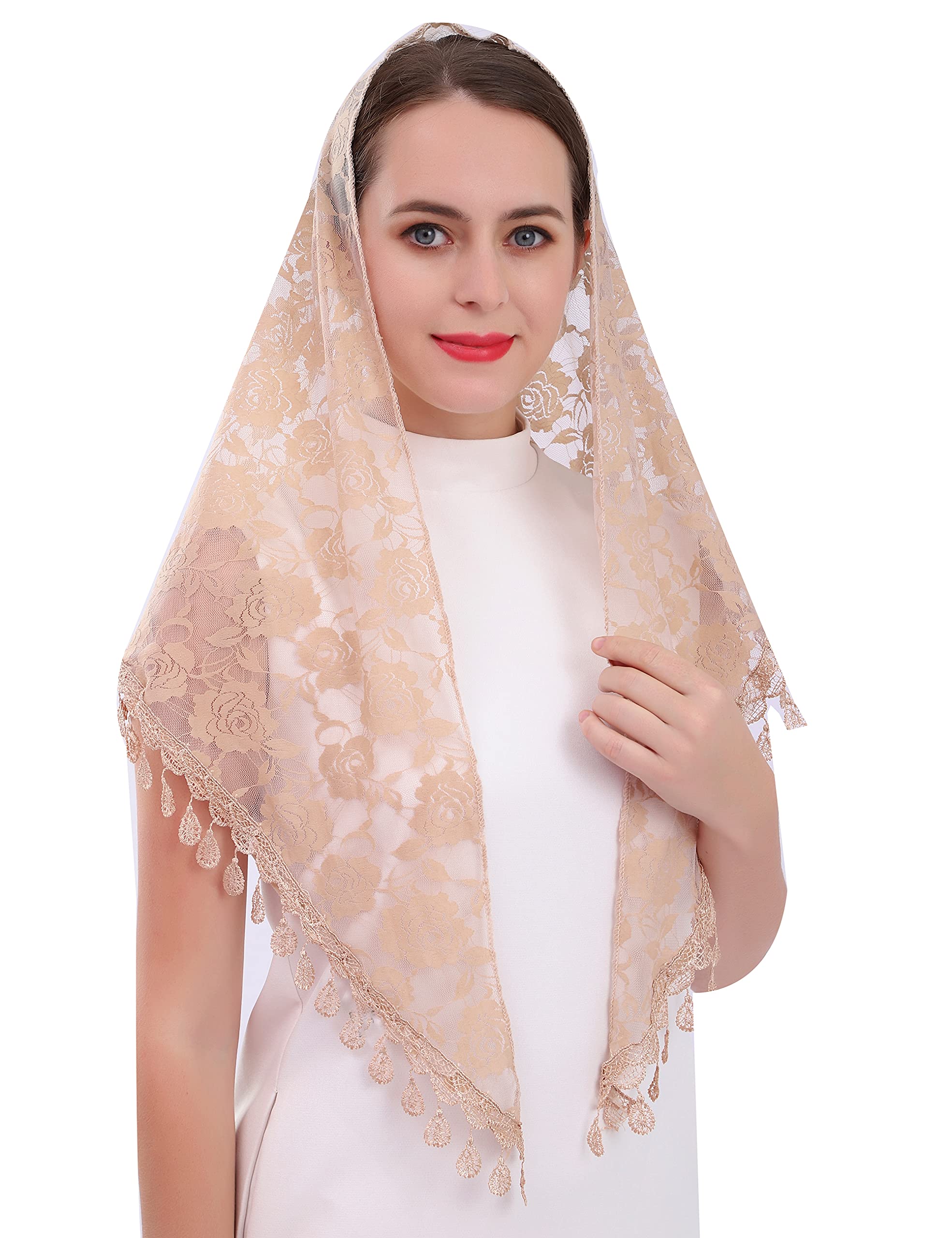 Cilkus Lace veil Mantilla veil Shawl or Scarf Latin Mass Head Cover with Fringed lace (Champagne)