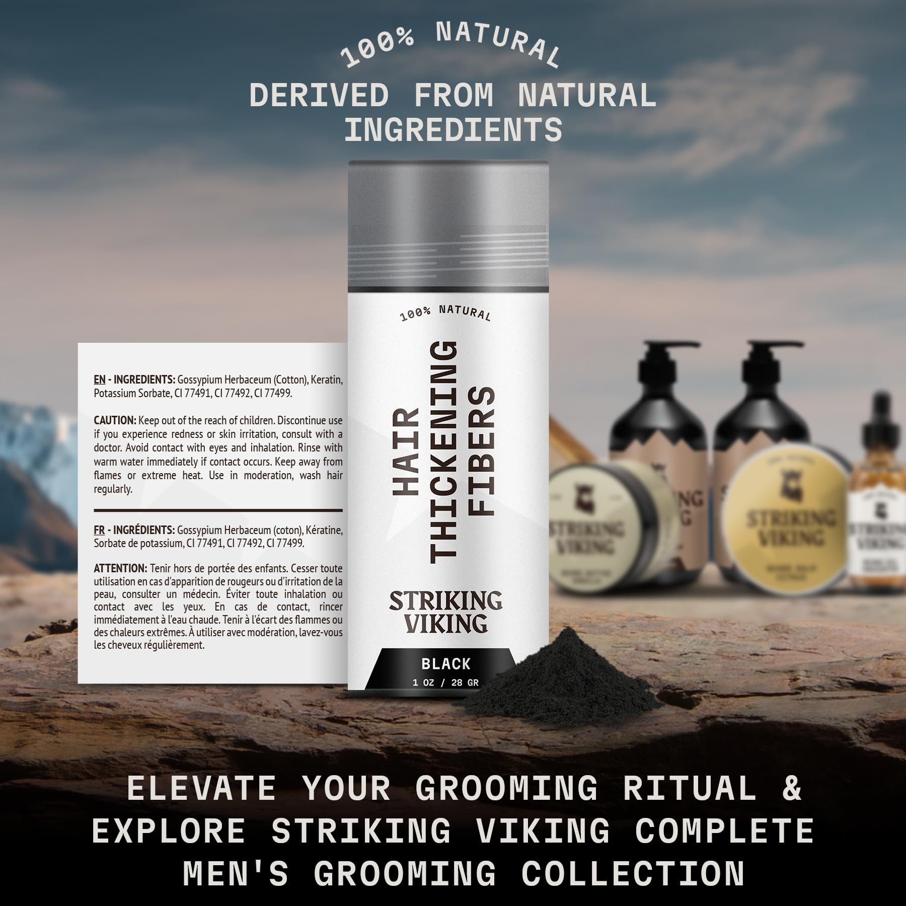 Striking Viking Hair Building Fibers for Thinning Hair (Black) 28g - Natural - Long-Lasting Powder for Undetectable, Thicker Loo