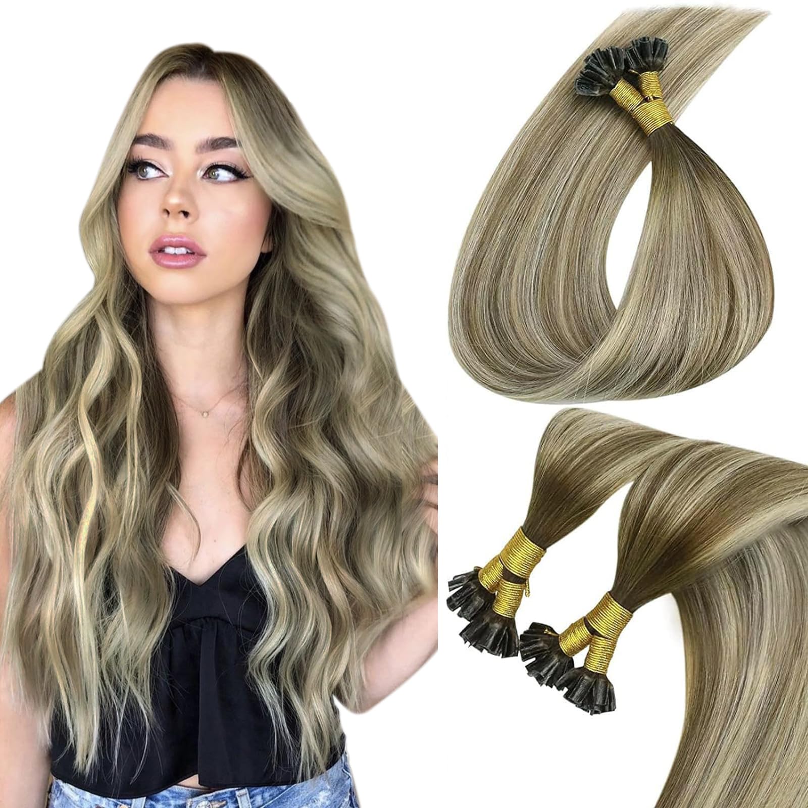 Sunny Hair U Tip Hair Extensions Brown Ombre U Tip Hair Extensions Human Hair Cool Brown Balayage Light Brown Highlight Blonde K