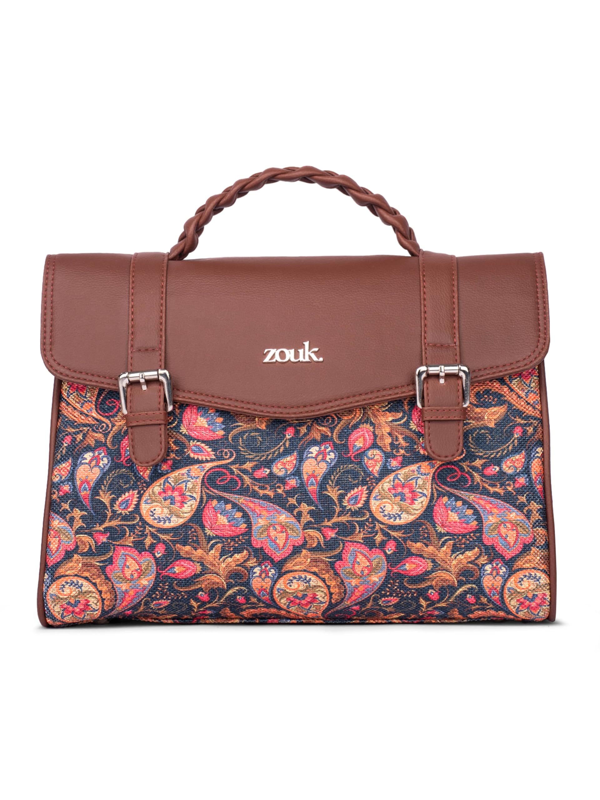 Zouk Konkona Heritage Satchel Bag  Paisley Print | Jute | Vegan Leather Handcrafted With Detachable Sling Strap| Pink