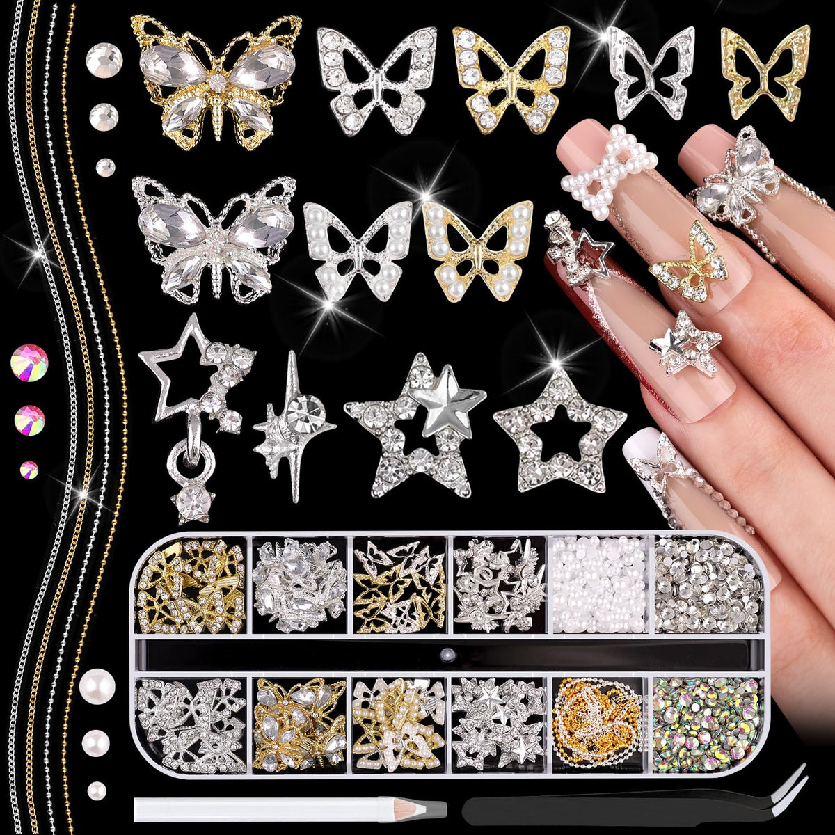 70Pcs 12 Styles 3D Nail Charms and Flatback Gems Pearl + Nail Chains, Silver Shiny Luxury Gems, Crystal Diamond Jewels Studs wit