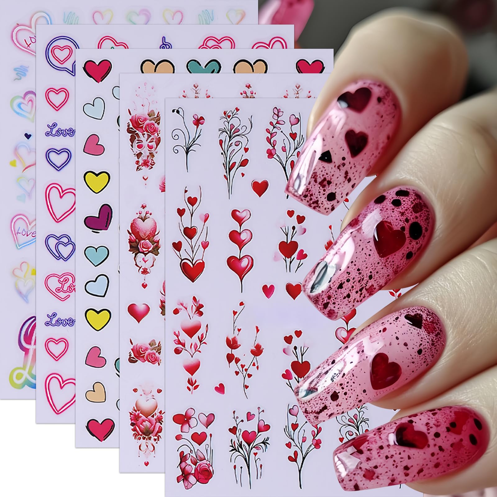 5Pcs Valentine's Day Nail Art Stickers Rose Heart Flower Nail Stickers 3D Self-Adhesive Love Heart Nail Decals Purple Pink Hollo