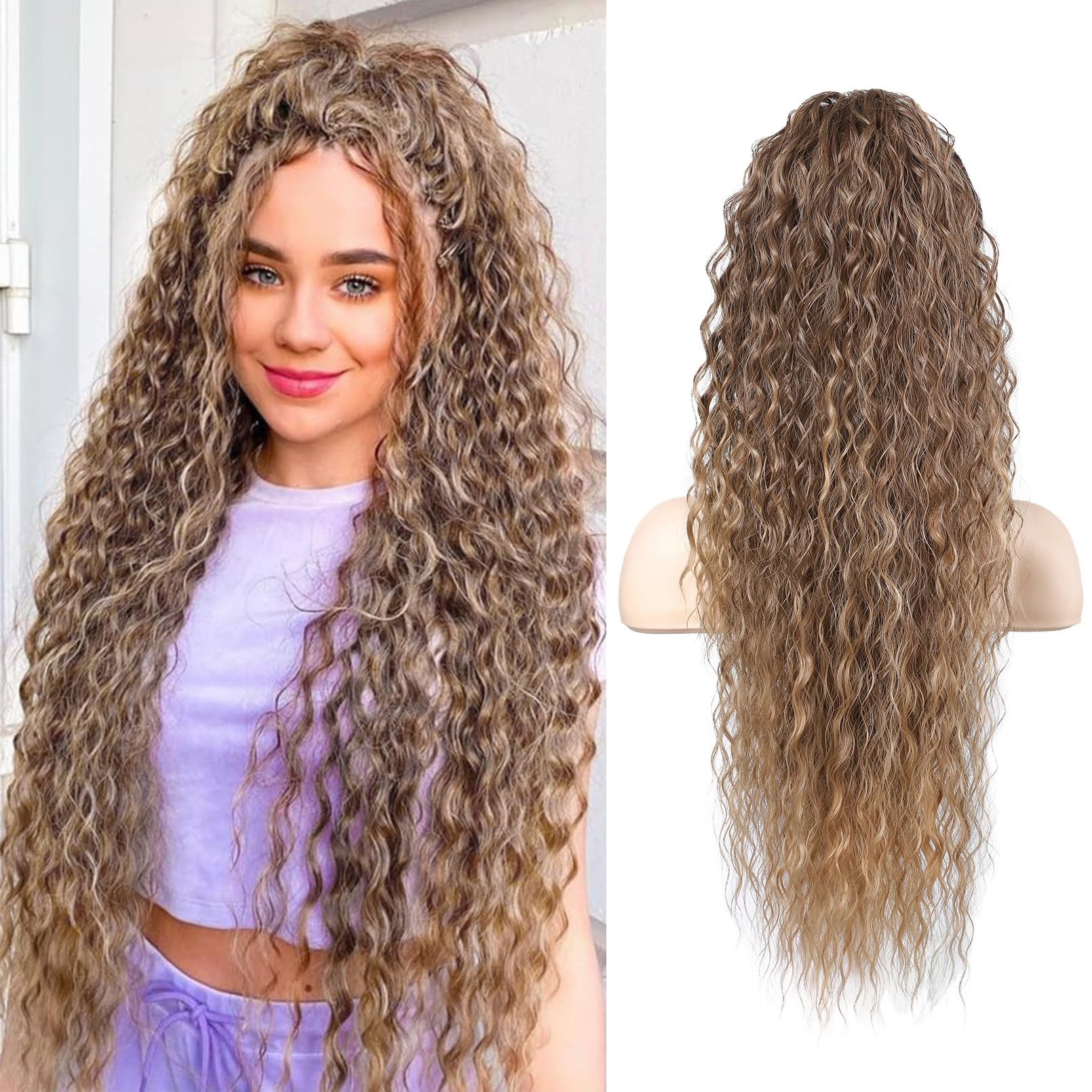 SEIKEA Ponytail Extension, PT005 Isabella 26'' Long Bohemian Curly Highlight Drawstring Ponytail Multi Layered Light Fluffy Soft