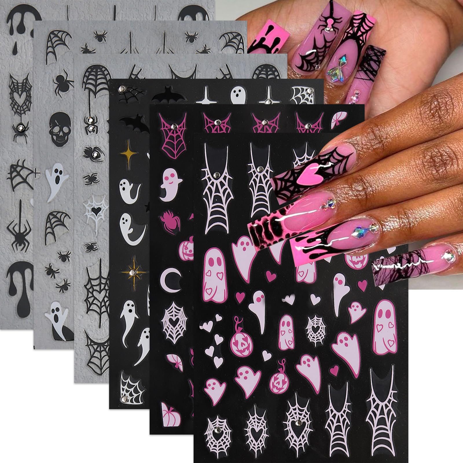 6Pcs Halloween Nail Stickers 3D Self-Adhesive Pink White Ghost Nail Decals Funny Spider Web Nail Art Stickers with Rhinestones N