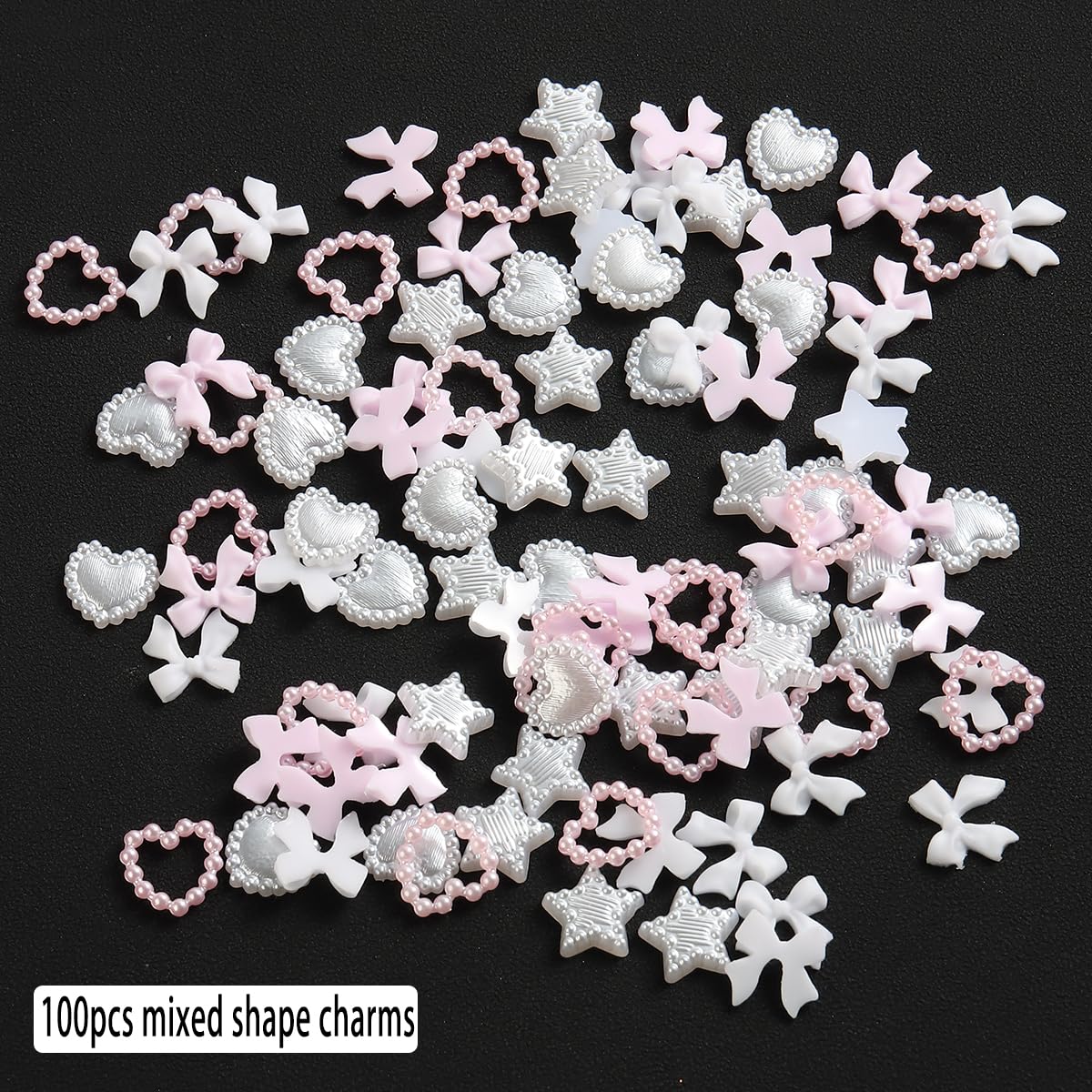 Fcozpjk Bows Nail Charms, 100Pcs Bow Charms For Nails, White Pink Heart Stars Round Multi Shape Pearl Nail Charms, Flatback Kawa