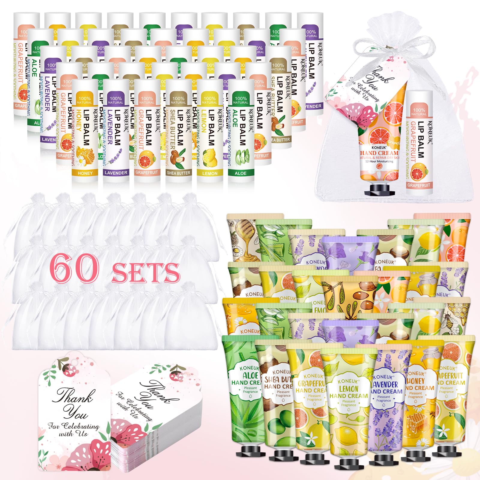 60 Pack Hand Cream Bulk And Lip Balm Bulk Sets, Valentines Day Gifts For Her, Bridal Shower Favors And Wedding Shower Favors For