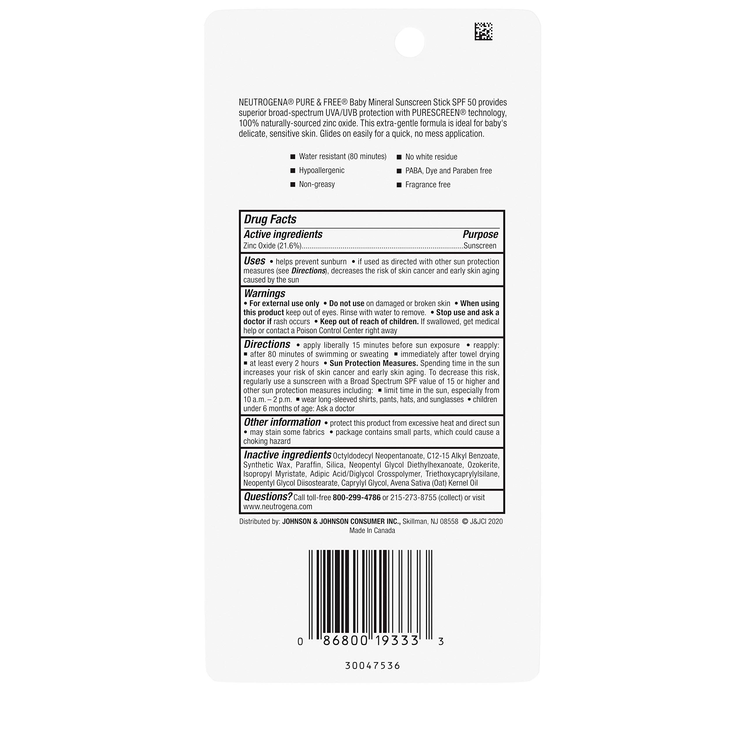 Neutrogena Pure & Free Baby Mineral Sunscreen Stick With Broad Spectrum Spf 50 & Zinc Oxide, Water-Resistant, Hypoallergenic, Pa