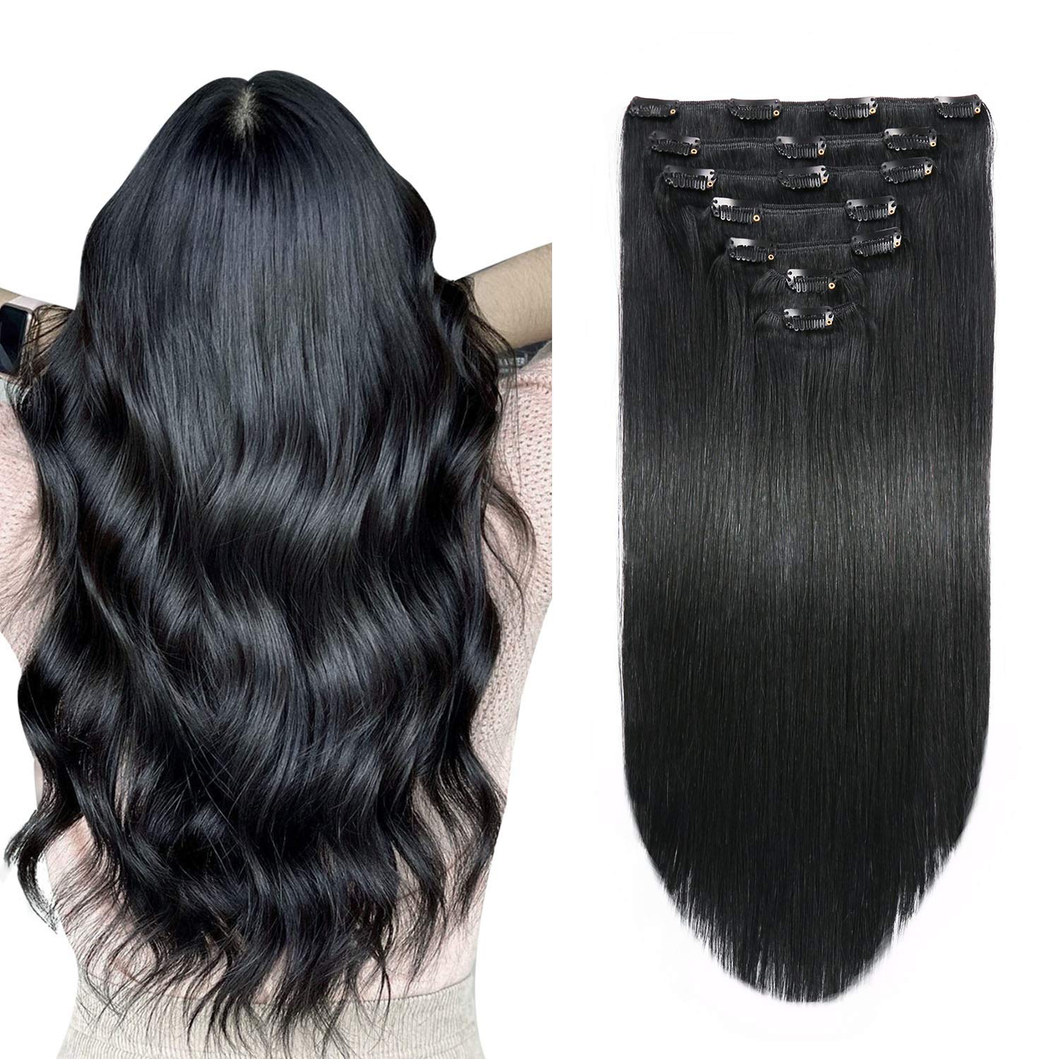 SUYYA Clip in Hair Extensions Real Human Hair,Jet Black Clip in Hair Extensions Human Hair Straight Hair Extensions Clip ins Dou