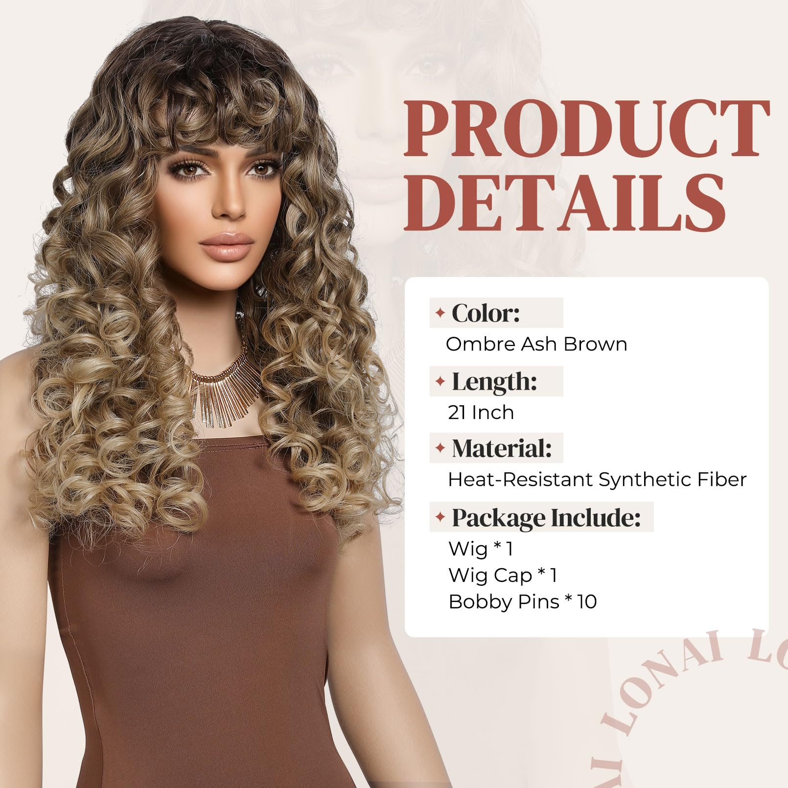 Lonai Curly Wig With Bangs For Women Long Honey Blonde Kinky Wigs With Bangs Wig006 Curly Shag Synthetic Wig For Daily Use Party