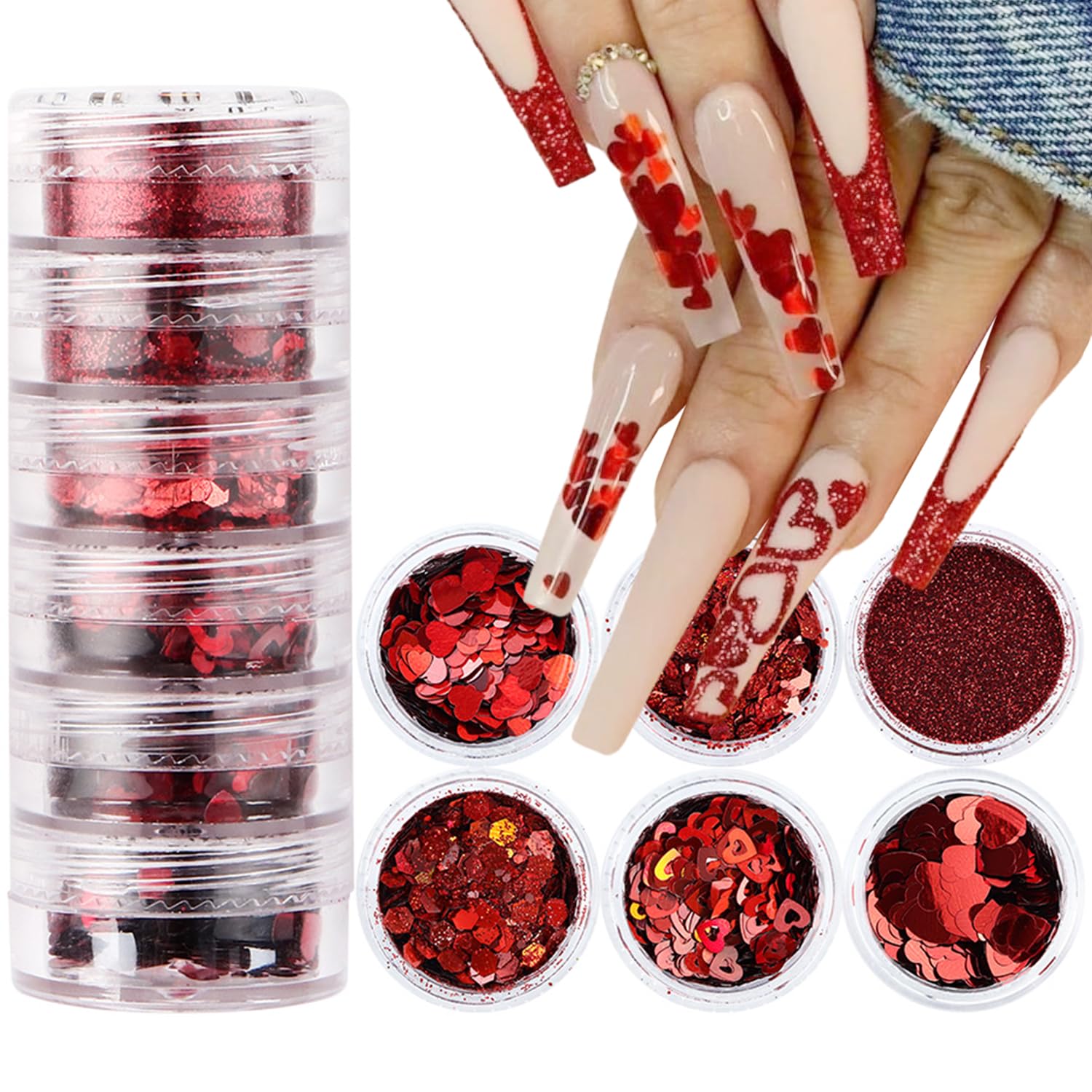6Pcs Valentines Nail Art Glitter Flake 3D Red Nail Sequins Heart Shaped Nail Art Decoration Holographic Valentines Day Nail Glit