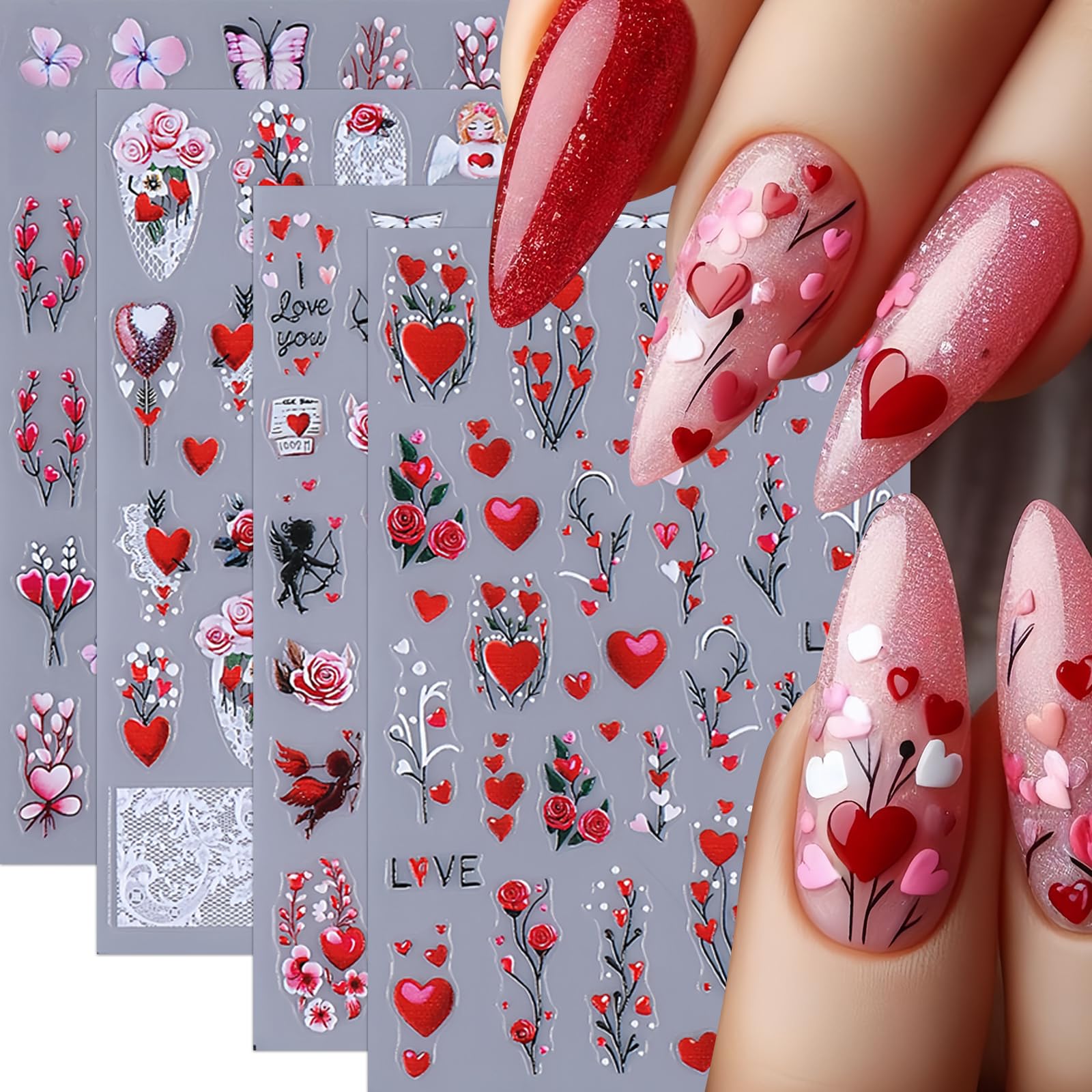 4Sheets Valentines Day Heart Nail Stickers 3D Self-Adhesive Red Valentines Love Nail Art Decals Love Angel Valentine Rose Nail D