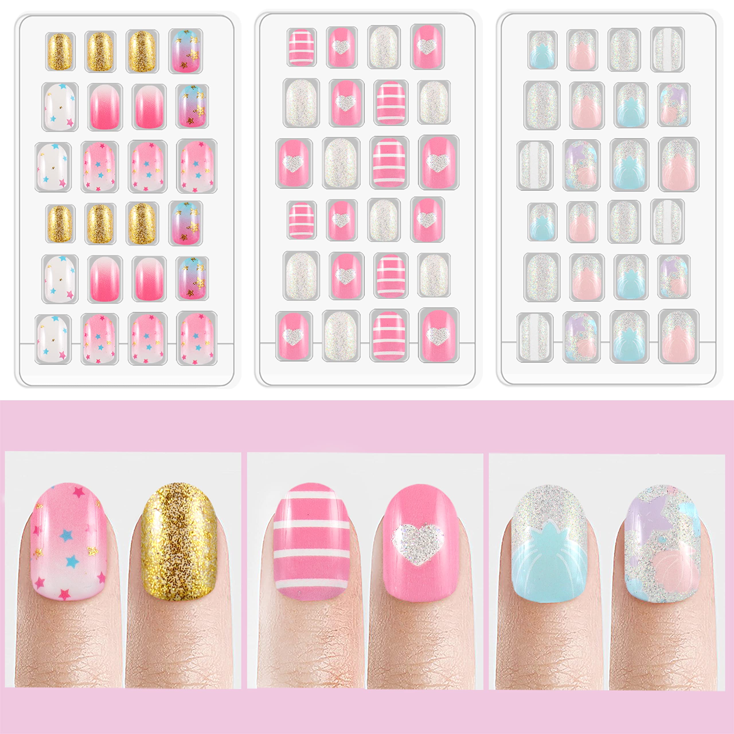 Laza 72Pcs Children Nails Press On Pre-Glue Full Cover Gold Silver Glitter Pink Blue Shell Star Heart Short False Nail Kits For