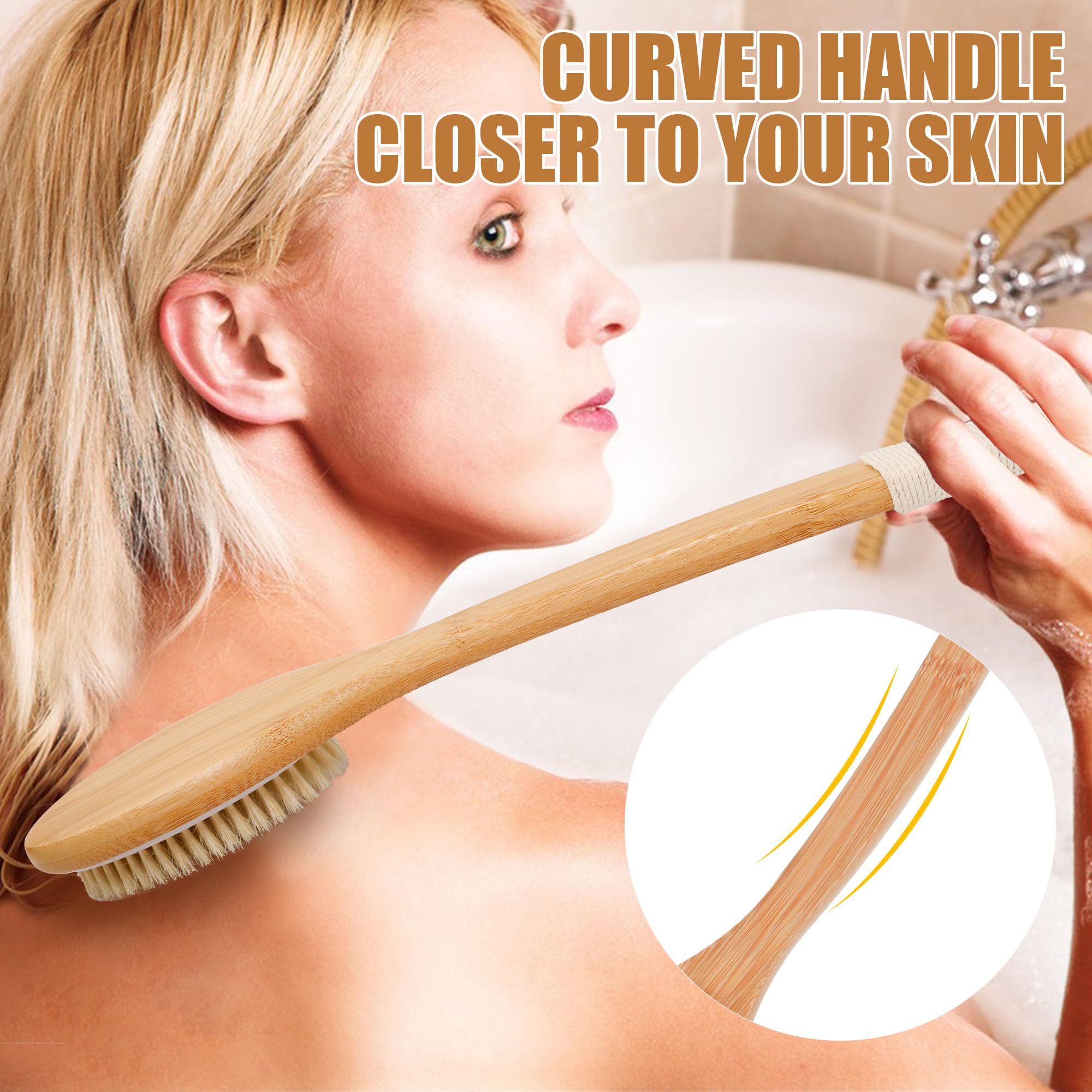 Owiizi Bath Brush Bamboo Curved Long Handle Antiskid Body Brush For Exfoliating, Natural Bristles Shower Scrubber For Back Use W