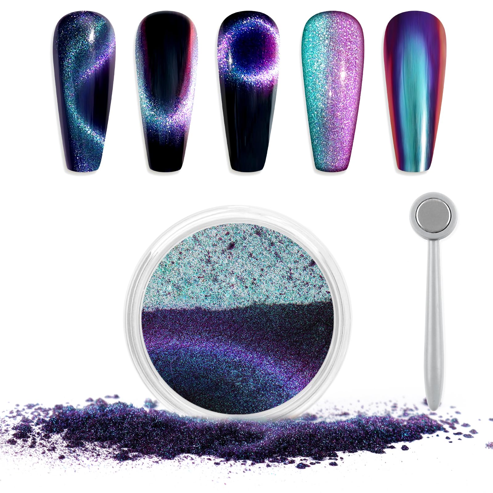 Laza Cat Eye Chrome Nail Powder Chameleon Magnetic Powder 3D Cat Eye Effect Mirror Effect Pigment Dust Magic Galaxy Holographic