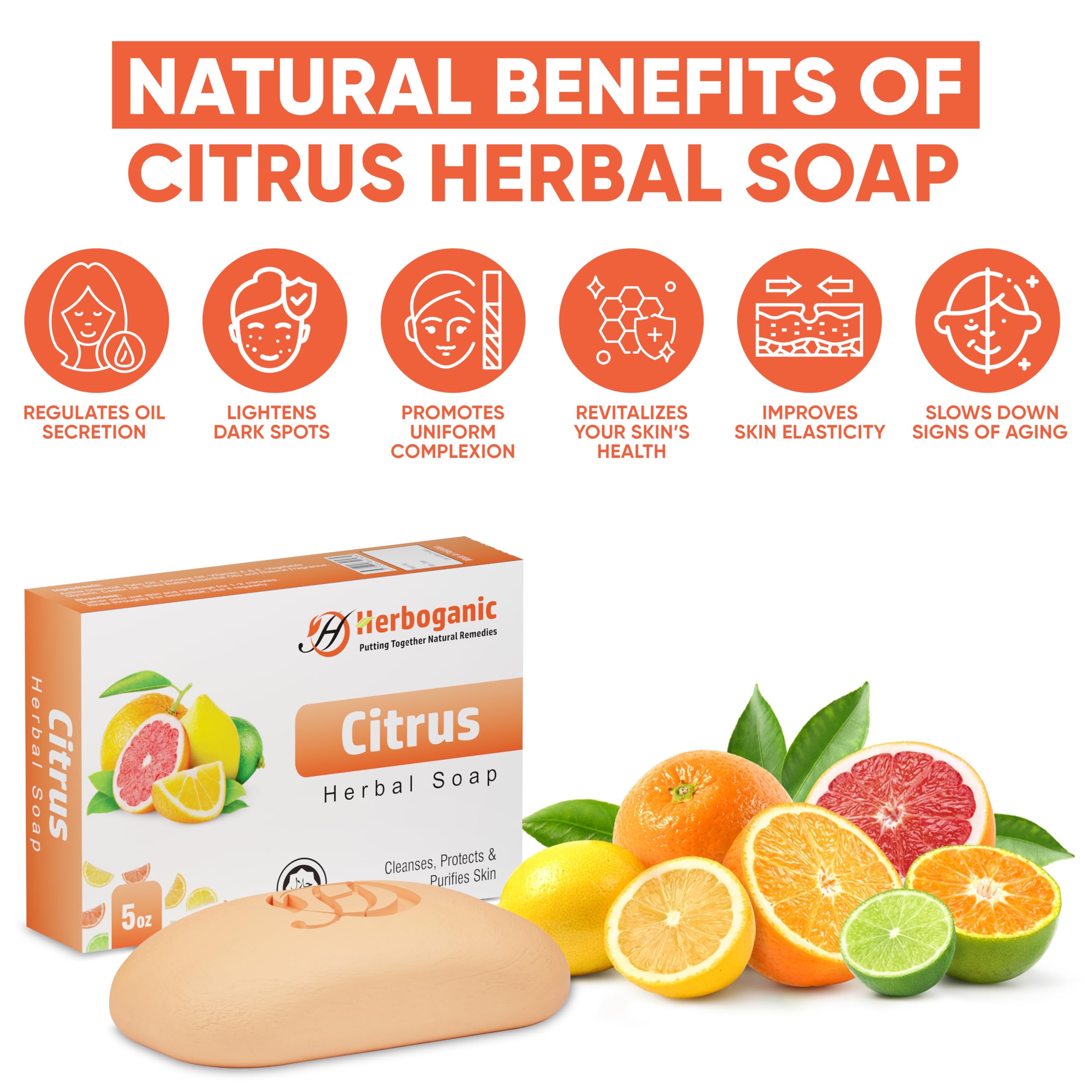HERBOGANIC Citrus Herbal Soap | Natural Bar Soap for Face and Body | Energizing and Refreshing | Infused with Citrus | Gentle fo