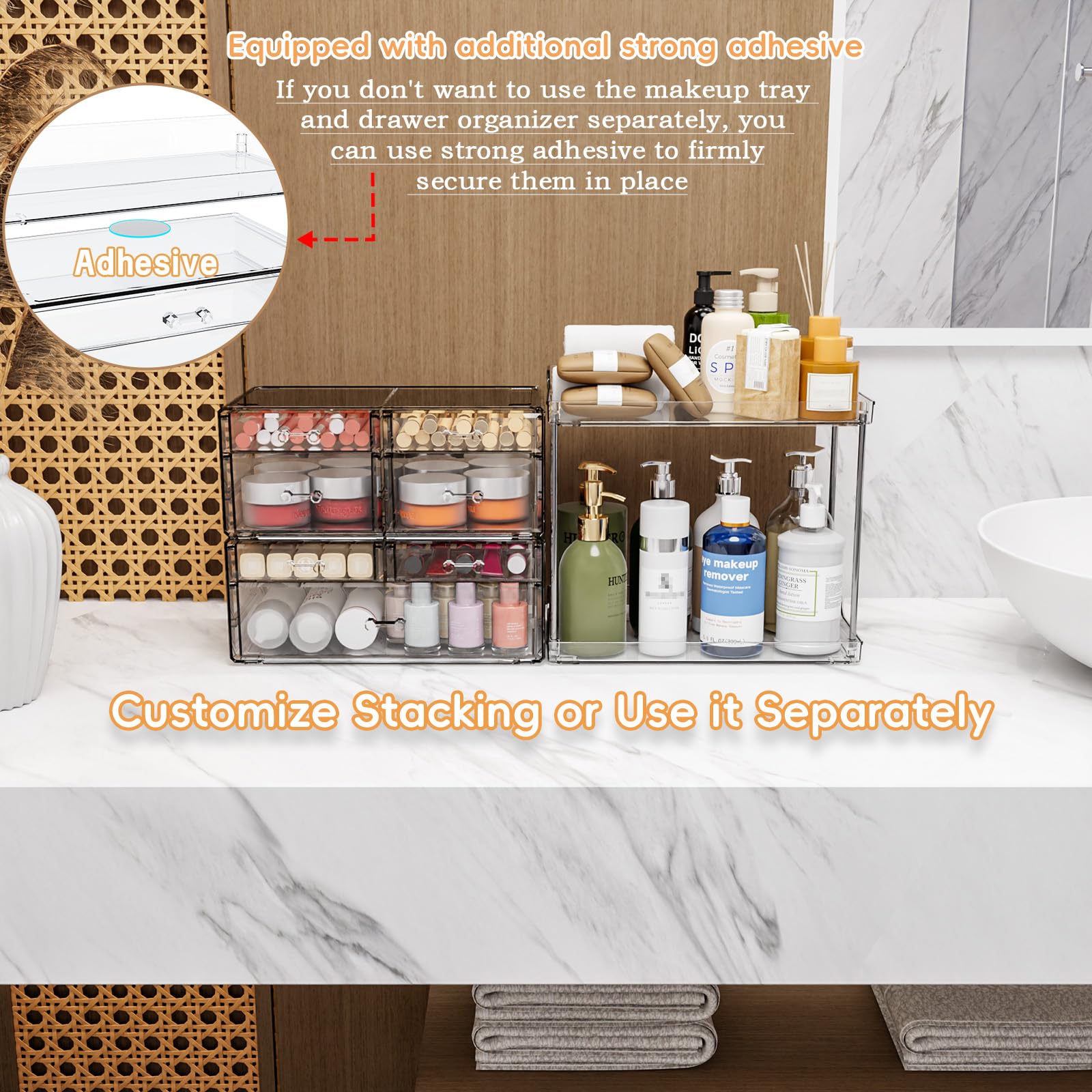 Yieach 3 Pack Clear Bathroom Counter Organizer With Drawers - Stackable Design,19.1'' Tall Large Capacity - Suitable As Makeup O