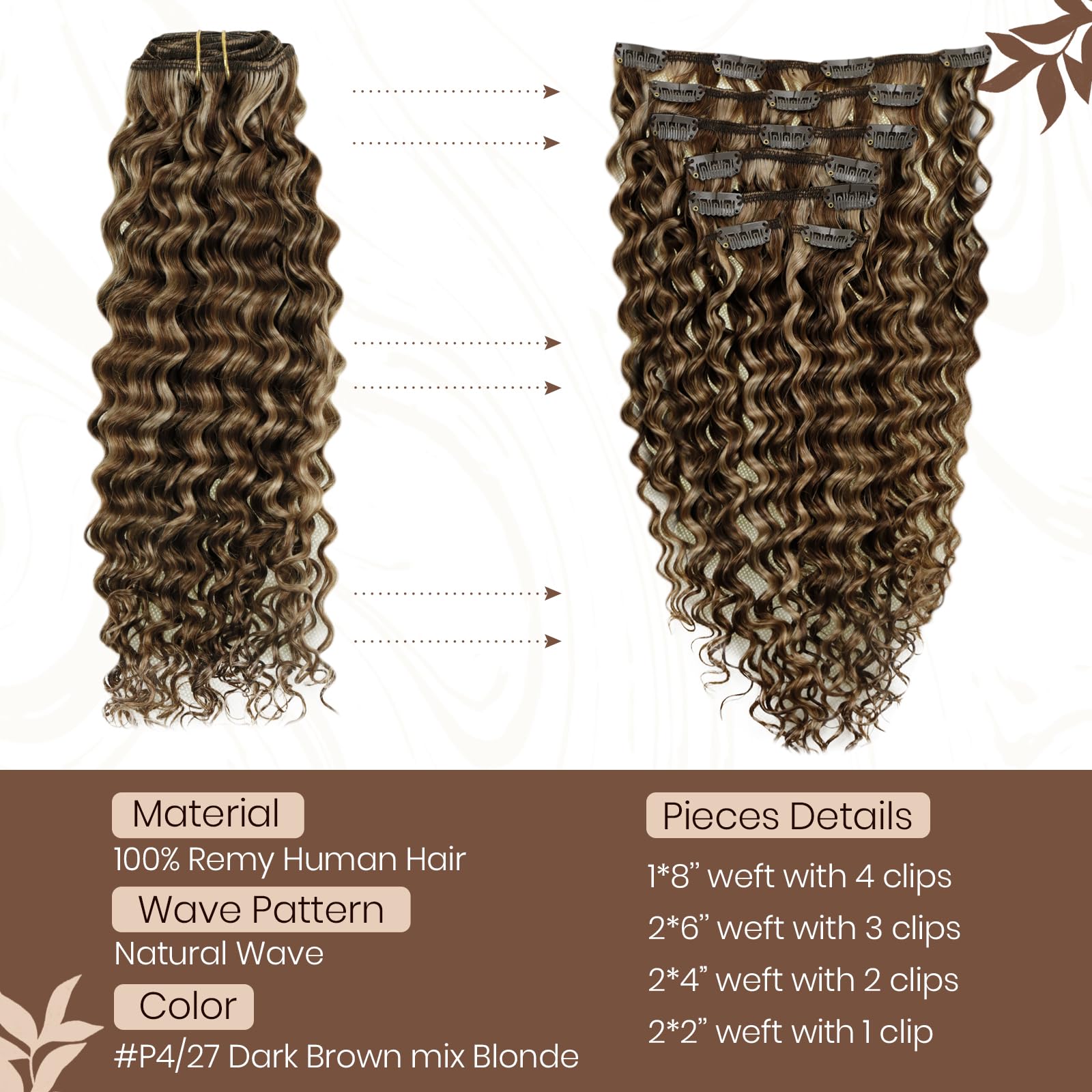 Hetto Curly Clip In Hair Extensions Curly Hair Extensions Water Wavy Human Hair Extensions Clip In #4/27 Brown Highlighted Blond