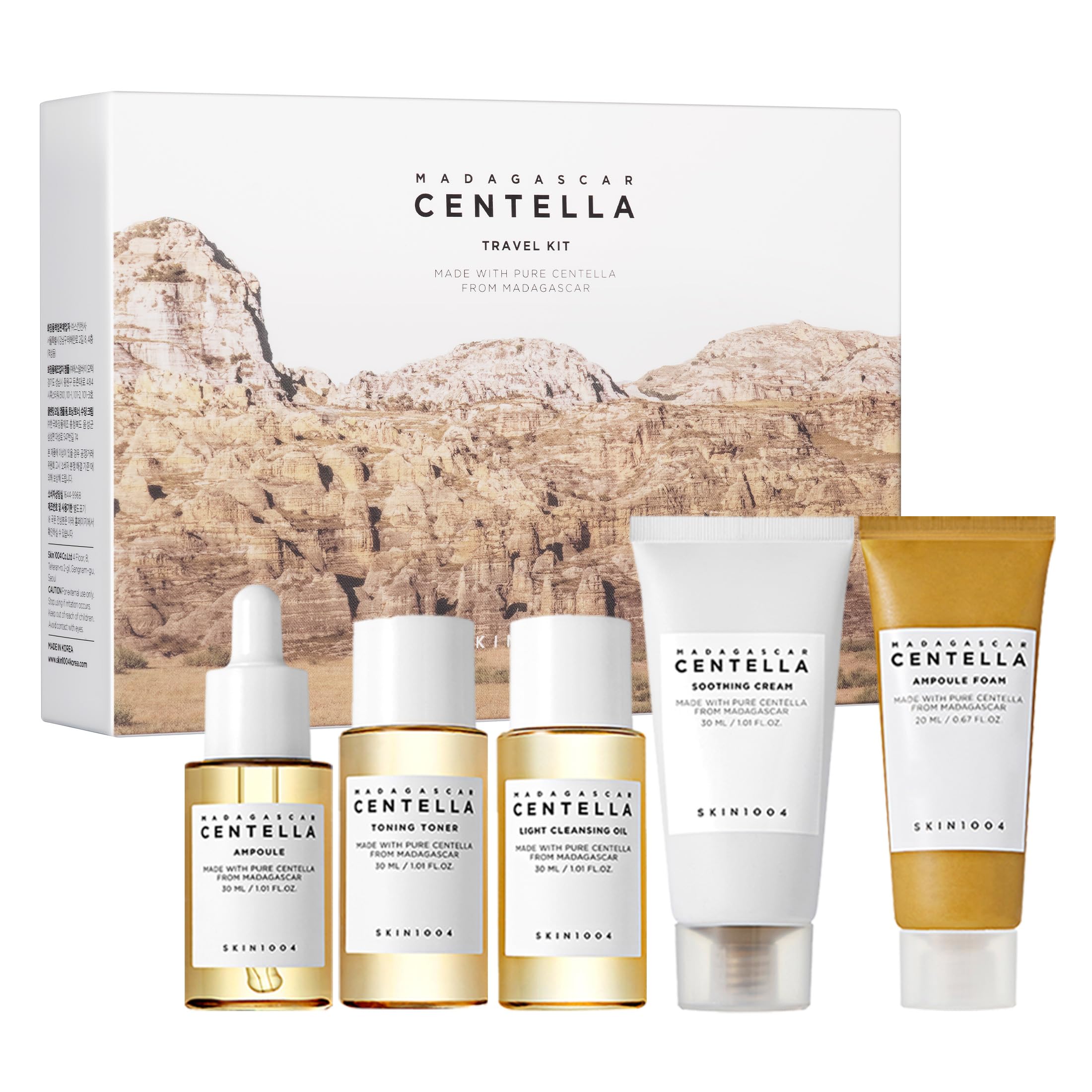 SKIN1004 Centella Travel Kit, Korean Skin Care Set with Toner, Moisturiser, Serum, Cleansing Oil & Cleanser, Travel Size Set wit