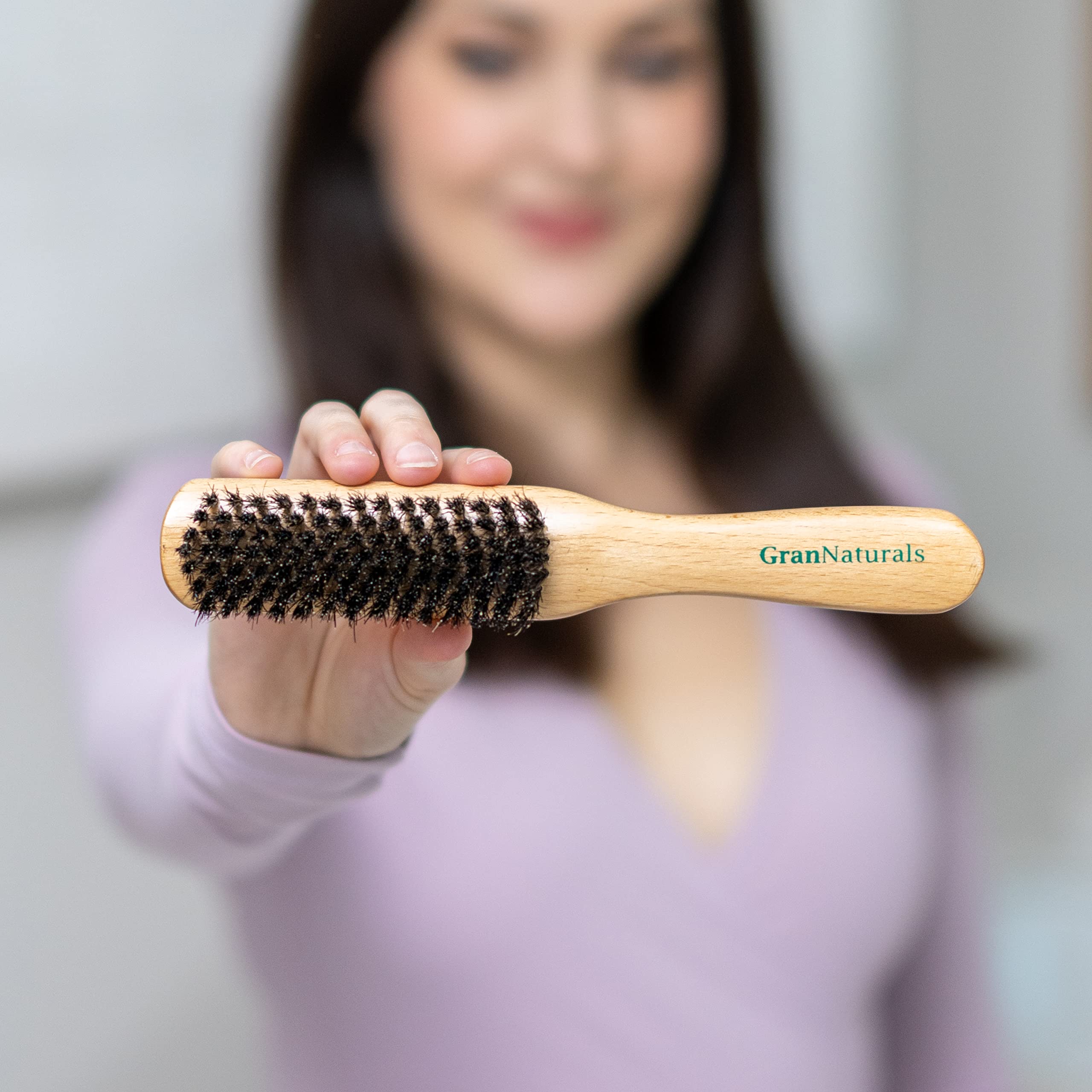 GranNaturals Boar Bristle Slick Back Hair Brush - Soft/Medium Smoothing Hairbrush to Style, Polish, & Lay Hair Down Flat to Crea