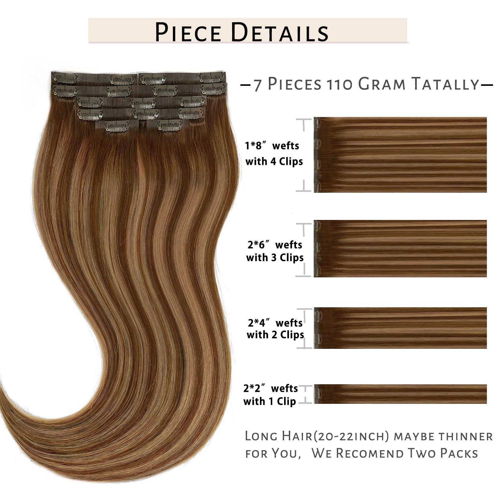 Caliee Clip In Hair Extensions Real Human Hair Fluffy Not Tangled Seamless Hair Extensions Clip In Human Hair 20Inch 110G 7Pcs R