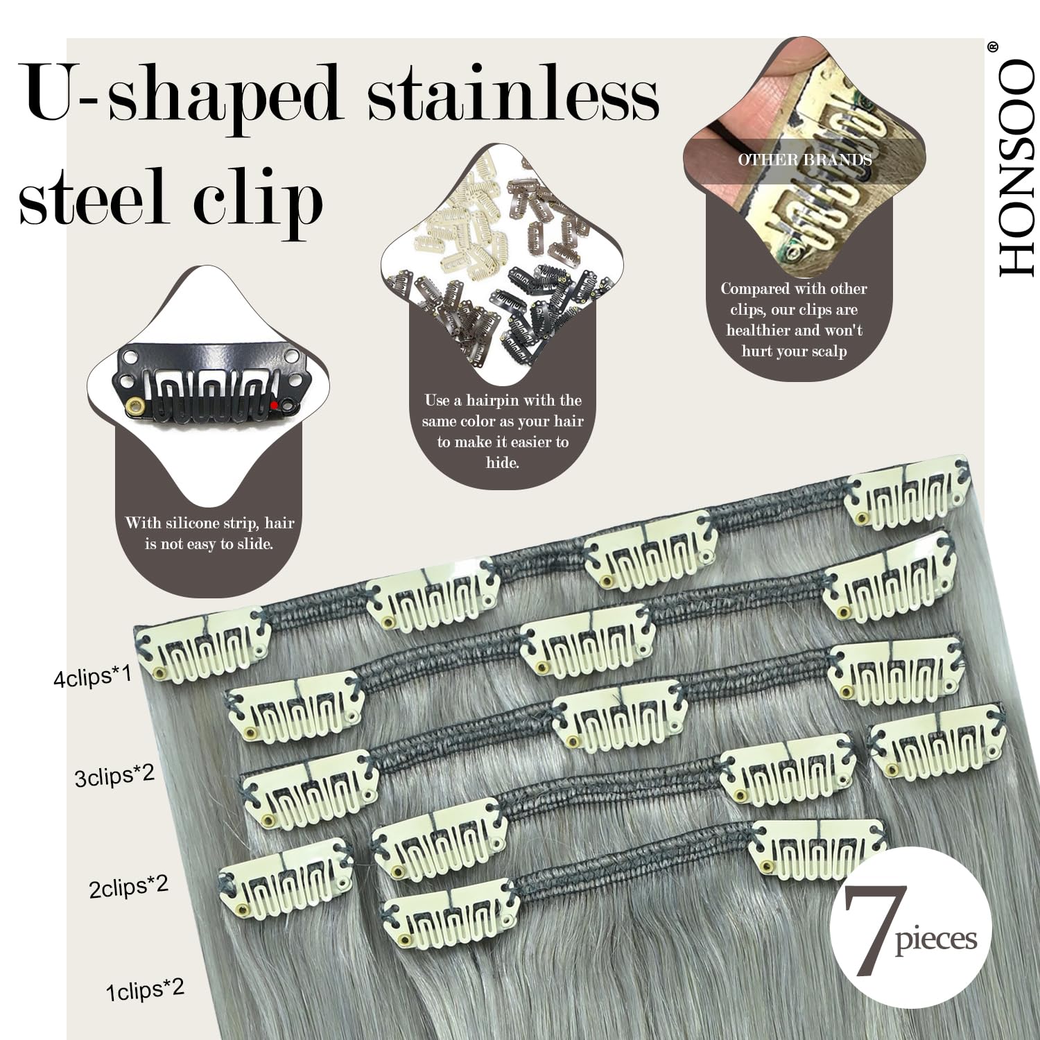 Honsoo Sliver Gray Hair Extensions Real Human Hair Clip Ins 70G 7Pcs 12In Clip In Hair Extensions Real Human Hair For Short Hair