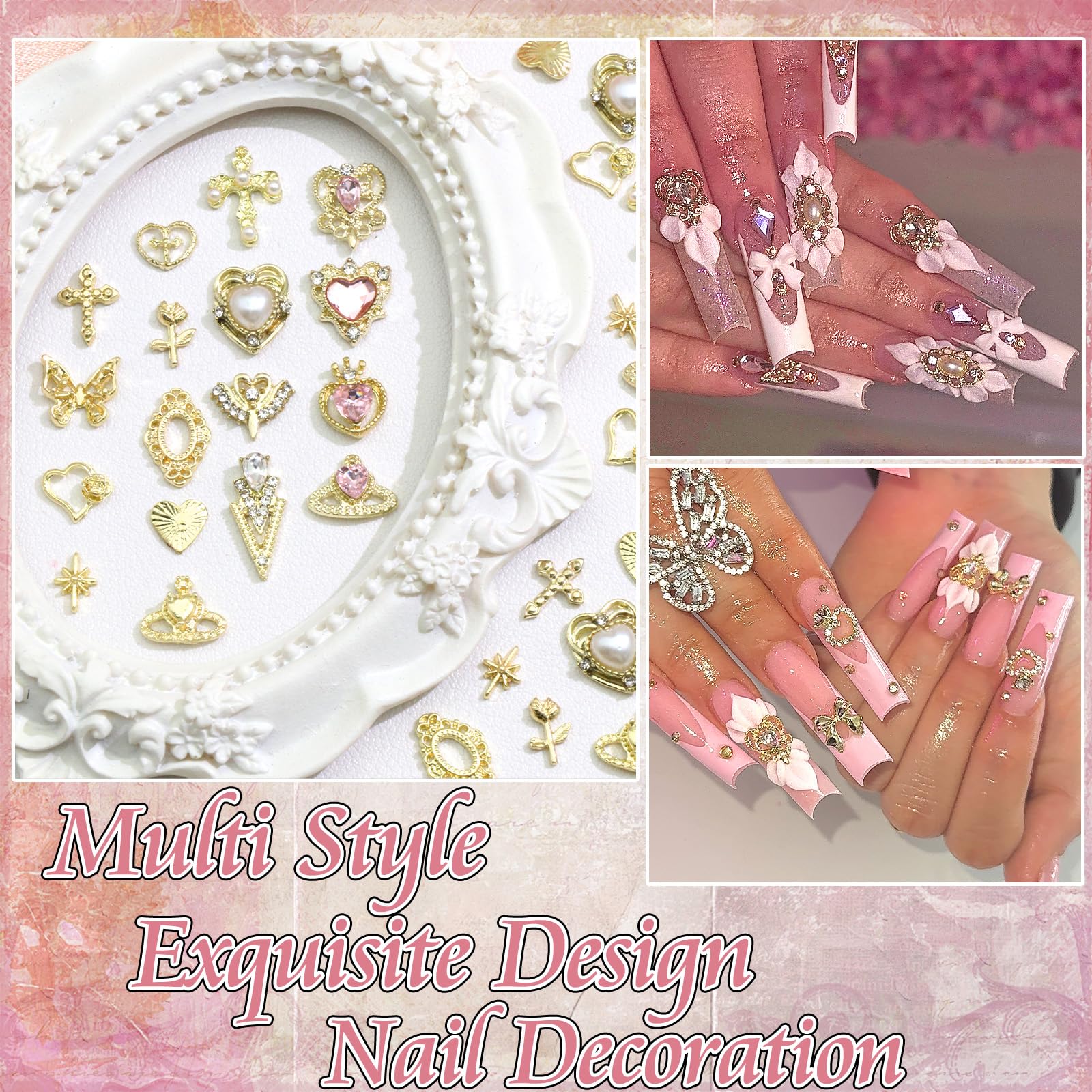 RODAKY 122PCS Gold Nail Charms - Pink Rhinestone Heart Charms, 3D Metal Butterfly Roses Cross Nail Gems for Manicure Design
