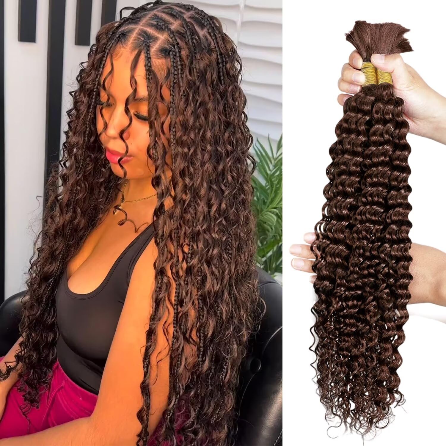 100G 22 Inch Chocolate Brown Braiding Hair Deep Water Wave 2 Bundle Bulk Human Hair For Braiding Brazilian Virgin Curly Human Ha