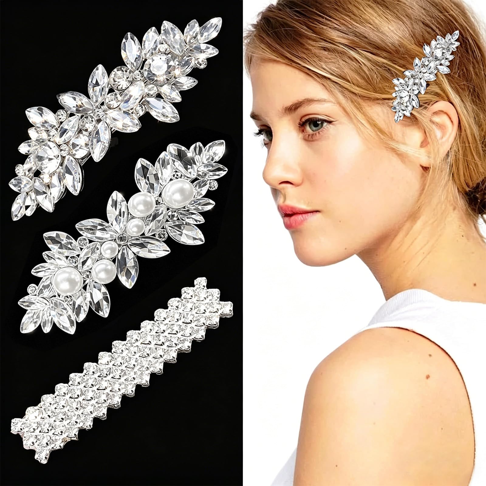 BOYIVI 3PCS Rhinestone Hair Clips Flower Hair Barrettes Crystal Pearl French Hairpins Diamond Hair Clip Wedding Accessories for 