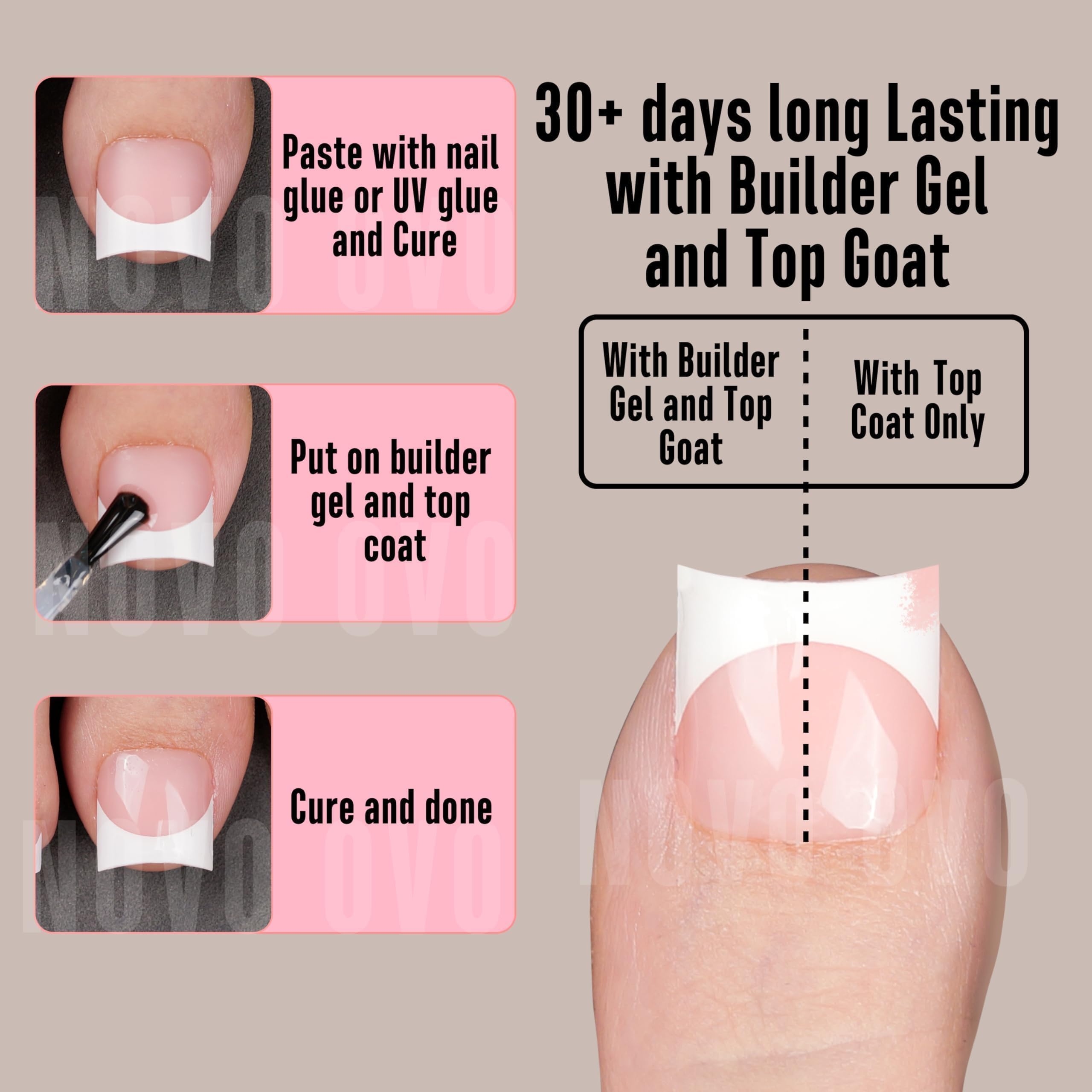 NOVO OVO Halloween Short Toe Nail Tips White French Tip with Moon Curve, BABY PINK Thick Sharp Square Toenail Extension, Soft Ge