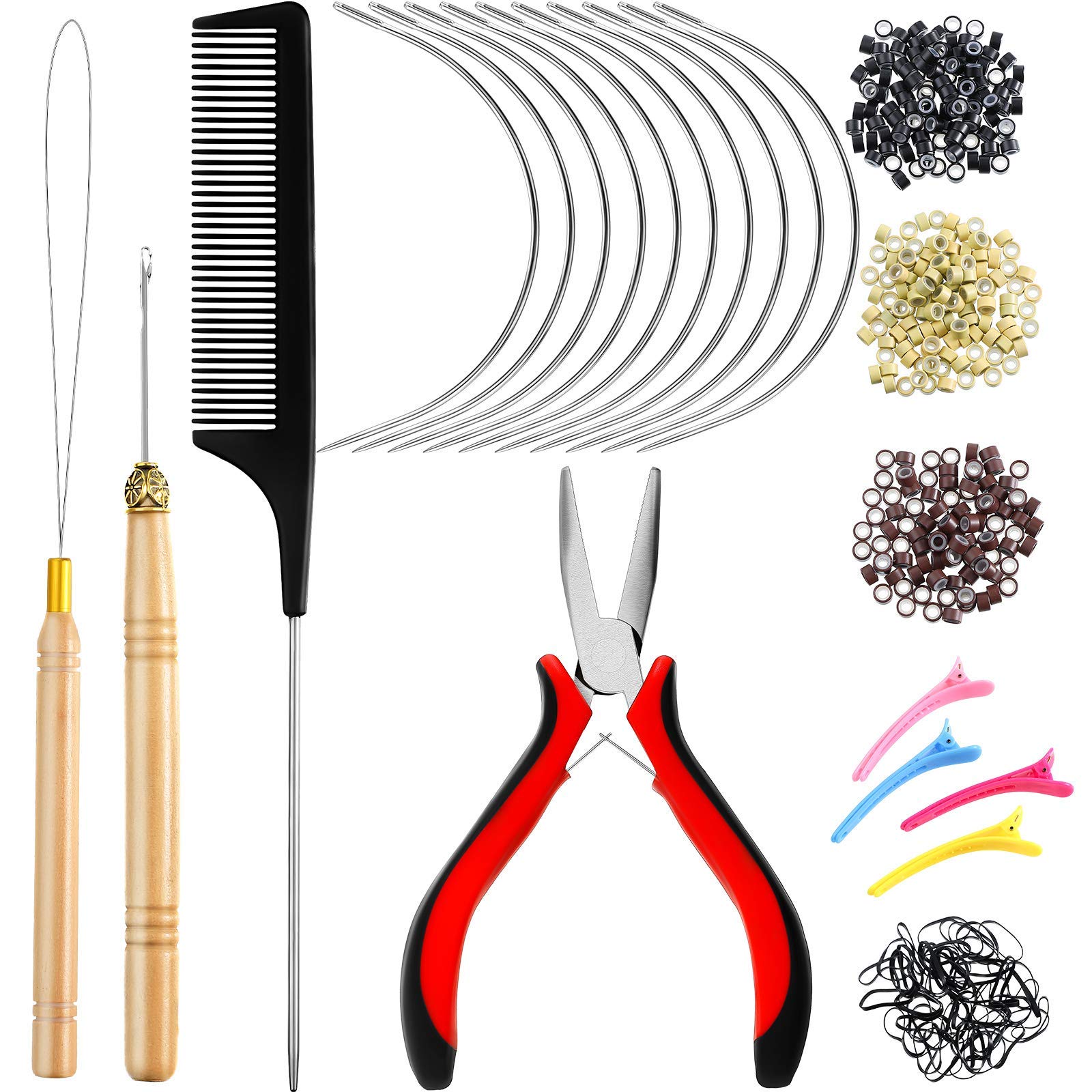 Hair Extension Tools Kit, 600 Silicone Lined Micro Rings, Micro Ring Beads Pliers, 2 Hook Needle Pulling Loop, 10 Curved Hair Ne
