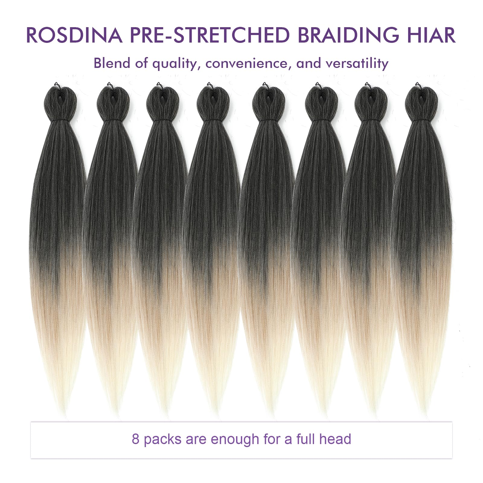 Rosdina Pre-Stretched Braiding Hair - 30 Inch 8 Packs Ombre Blonde 3 Tones Hair For Twist Or Box Braids, Yaki Texture Hot Water
