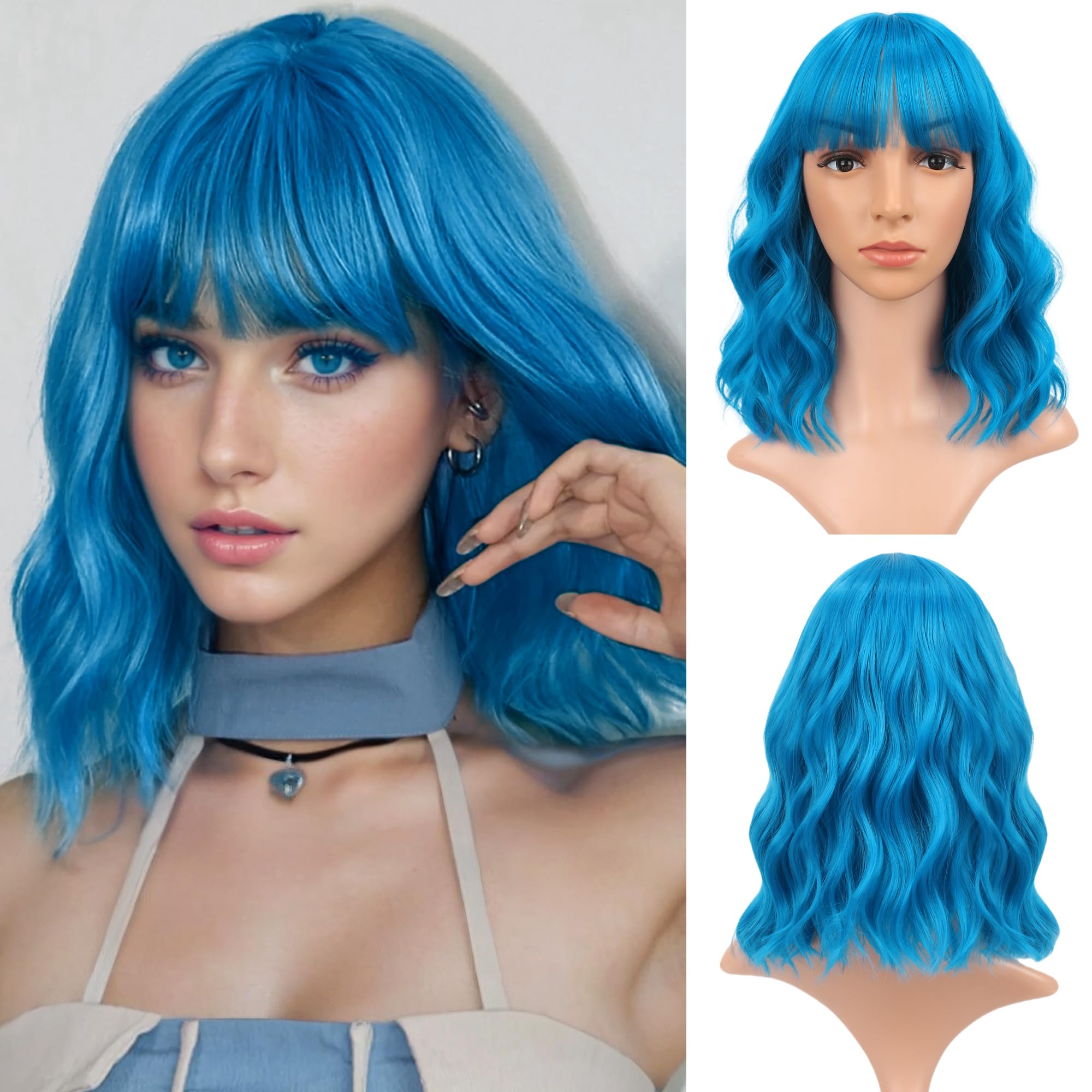 VCKOVCKO Short Bob Wigs Lake blue Wavy Wig With Air Bangs Women's Shoulder Length Wigs Curly Wavy Synthetic Cosplay Wig Pastel B
