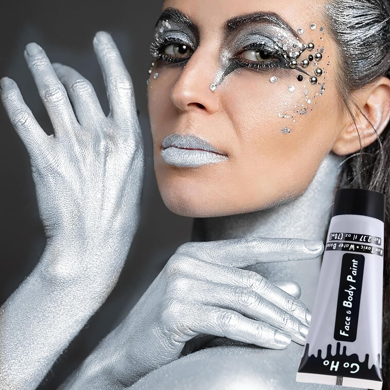 Go Ho Metallic Silver Body Paint Washable(2.37 Oz),Water Based Cream Silver Face Body Paint,Full Professional Silver Face Paint