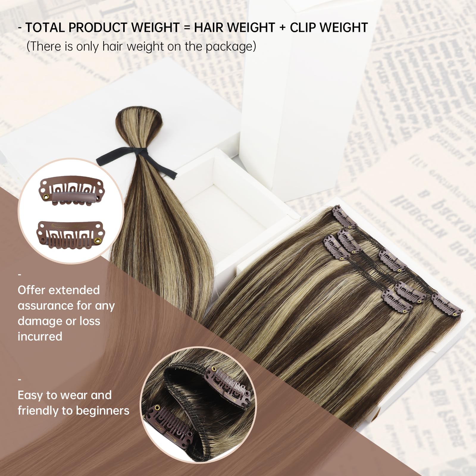 Sunny 150g Clip in Hair Extensions Real Human Hair Highlights Dark Brown with Caramel Brown Clip in Hair Extensions Brown Clip i