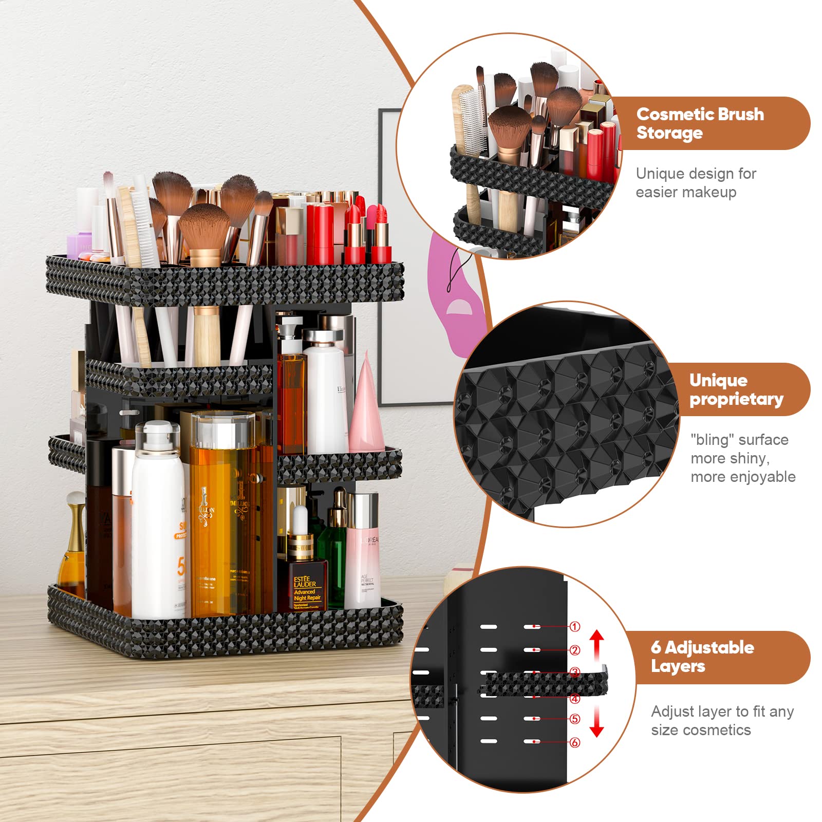 Dalemky 360 Rotating Makeup Organizer Black - Large Acrylic Makeup Organizers And Storage For Vanity, Cosmetic Organizer Counter