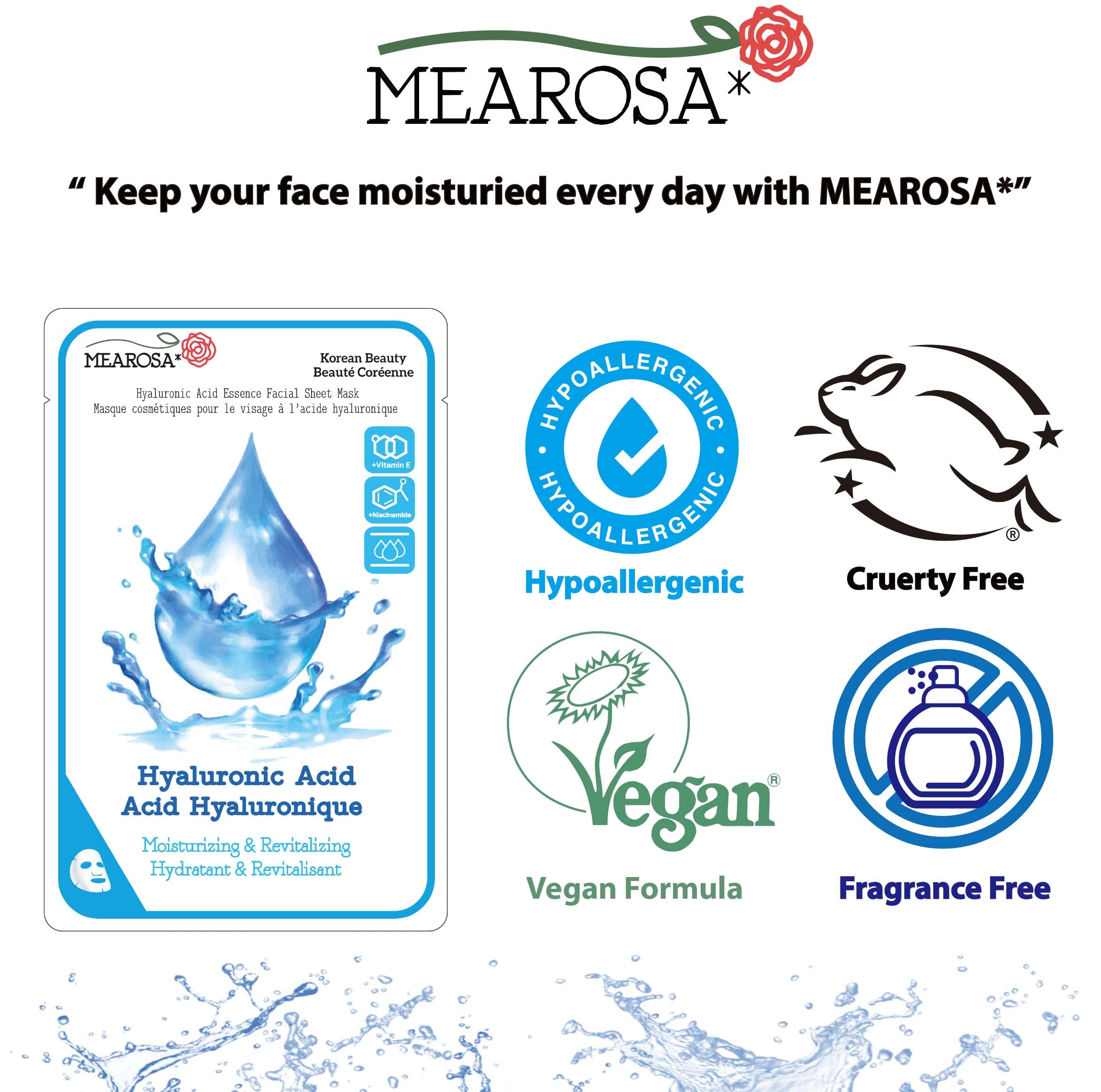 Mearosa* Dermatologically Tested, 8.5% Hyaluronic Acid, Niacinamide, Vitamin E Vegan Formula Essence Facial Sheet Masks Premium